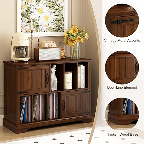 Miniatura 5 de Soporte grande para tocadiscos con almacenamiento de vinilo, soporte giratorio de 39.5 pulgadas, armario de almacenamiento de madera con puertas