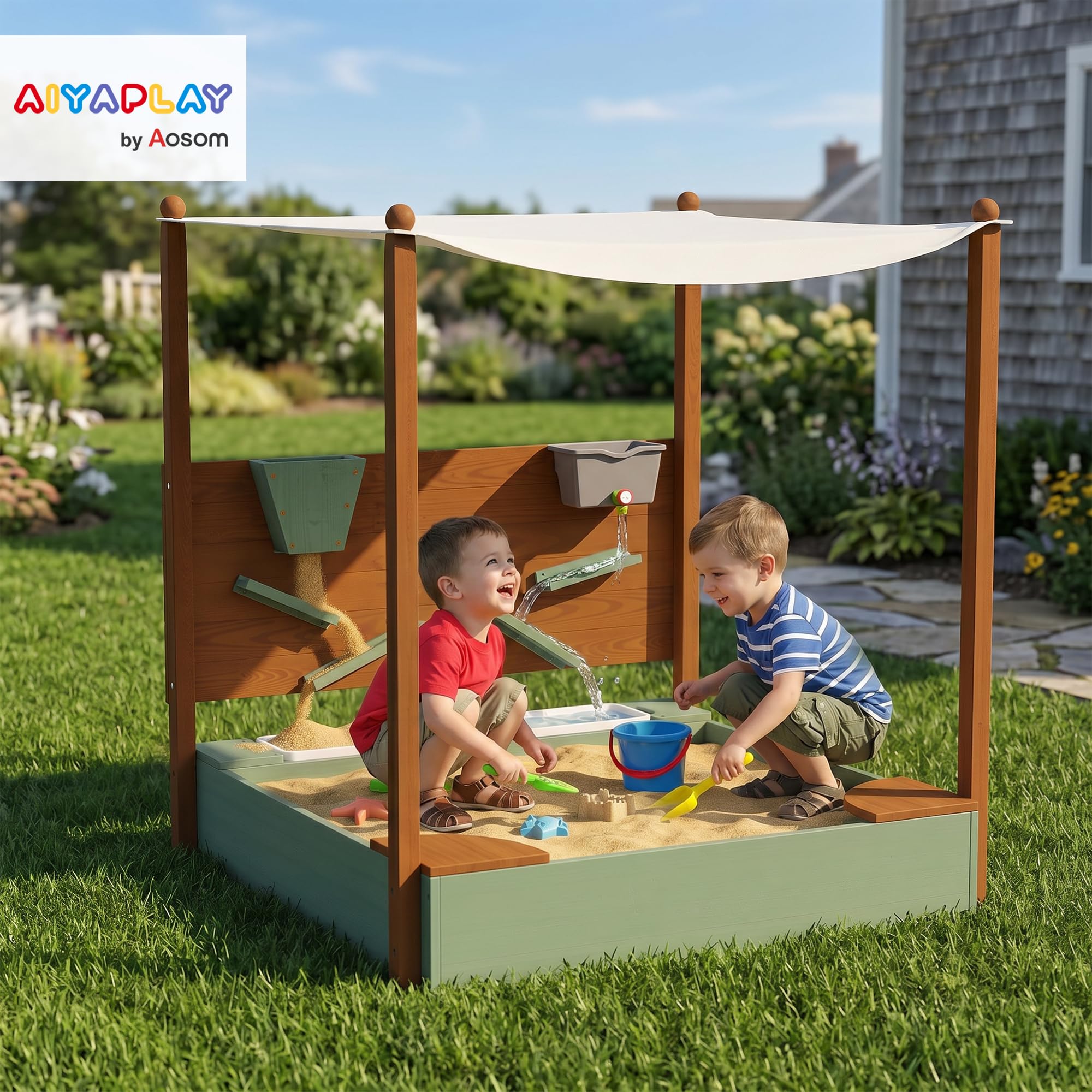 AIYAPLAY Arenero para Niños de Madera con Techo, Arenero Infantil con 2 Asientos, 2 Cajas, Grifo, Embudo, Caja de Arena para Niños de 3-6 Años, para Patio, Jardín, Balcón, 116x112,5x128 cm, Verde