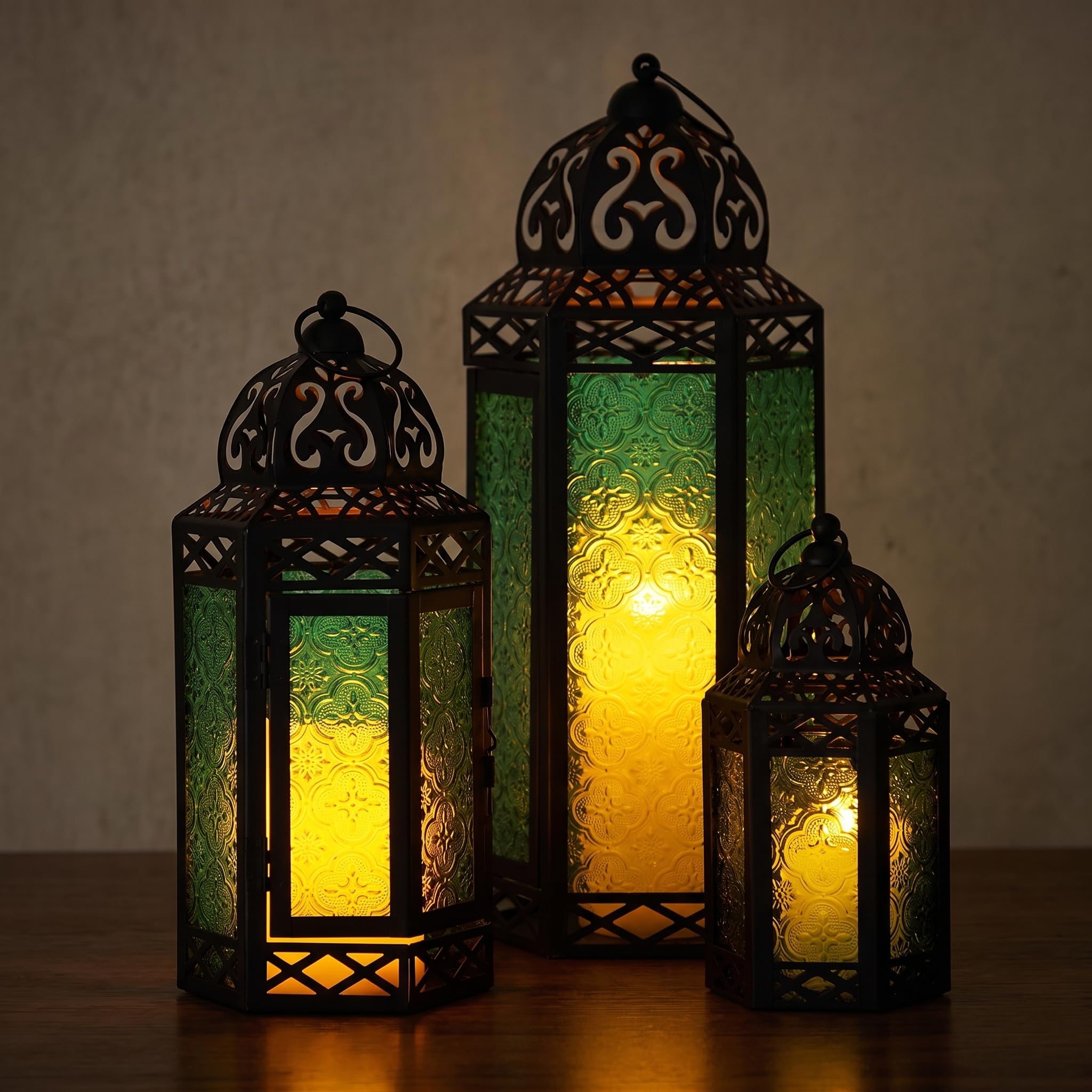 Vela Lanterns Juego de 3 faroles portavelas marroquíes Decorativos para Suelo, decoración de Ramadán, decoración Interior del hogar, Patio al Aire Libre o Porche, Halloween, Bodas, Verde