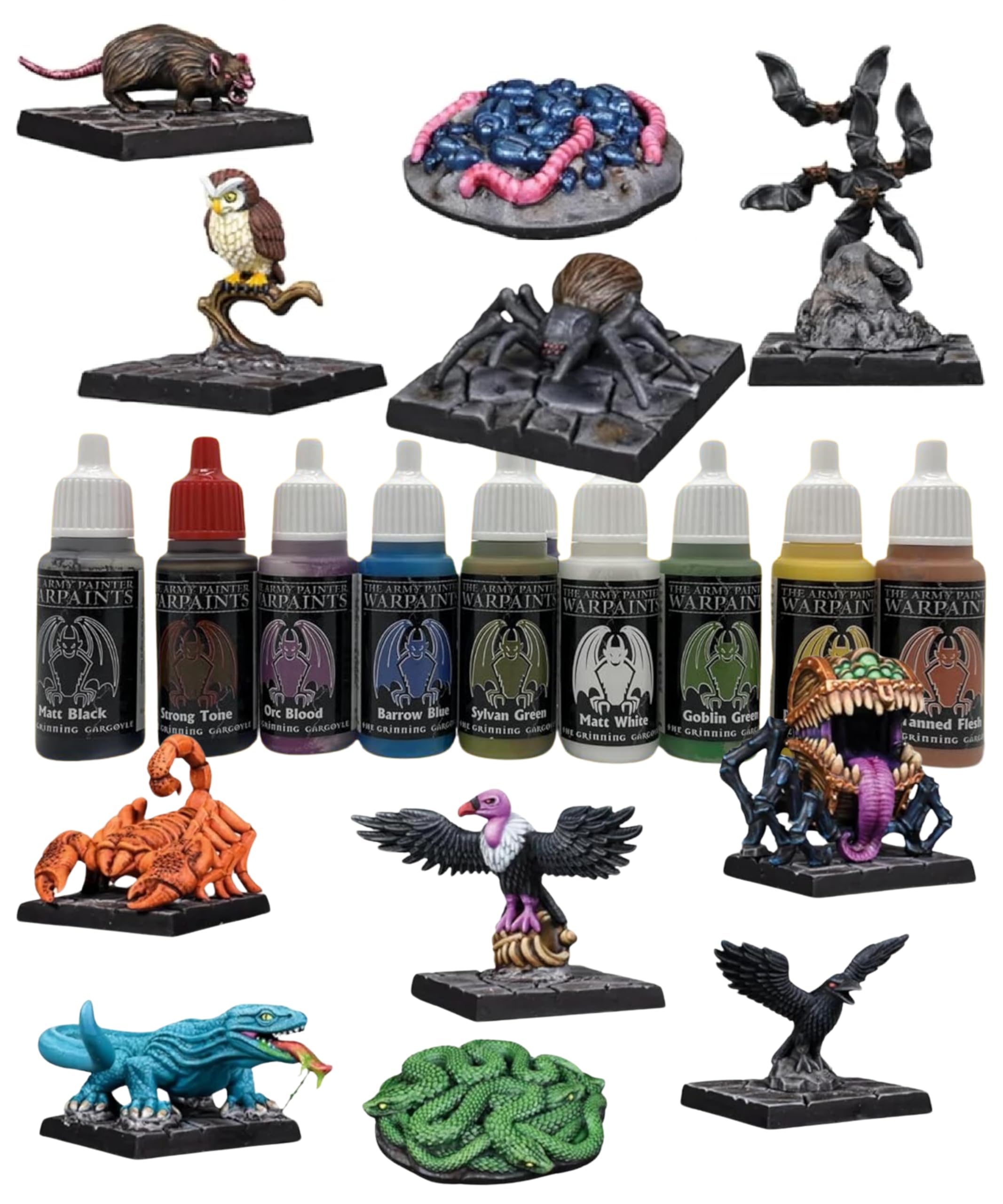 Grinning Gargoyle - Dungeon Critters Miniatures - Plus 10x Army Paint Starter Set - Includes Bat Spider Raven Vulture Lizard Scorpion Owl Rat Insect swarm Snakes Mimic 28mm DnD Miniatures