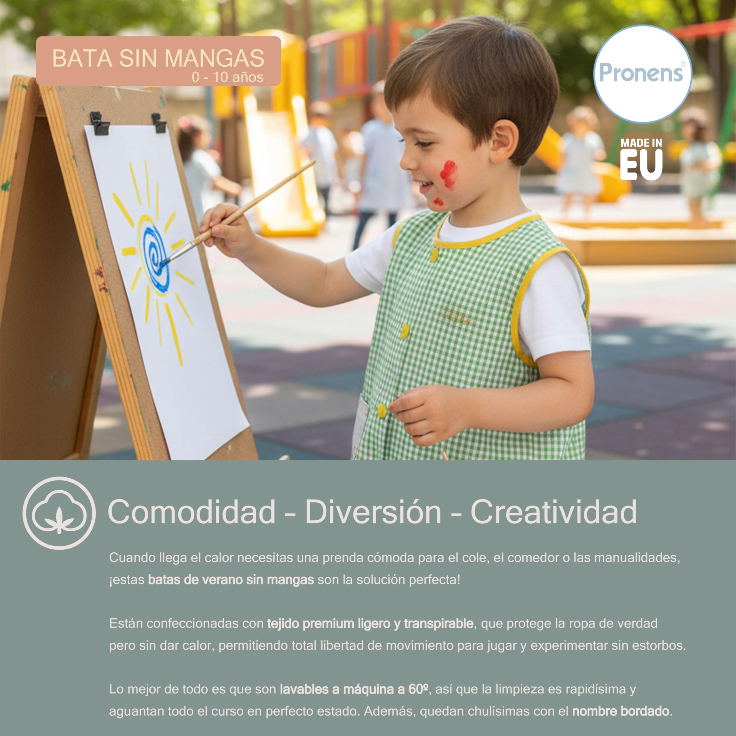 Bata Escolar Sin Mangas Niño Niña Babi Verano Guardería Colegio Resistente Personalizable con Nombre Bordado