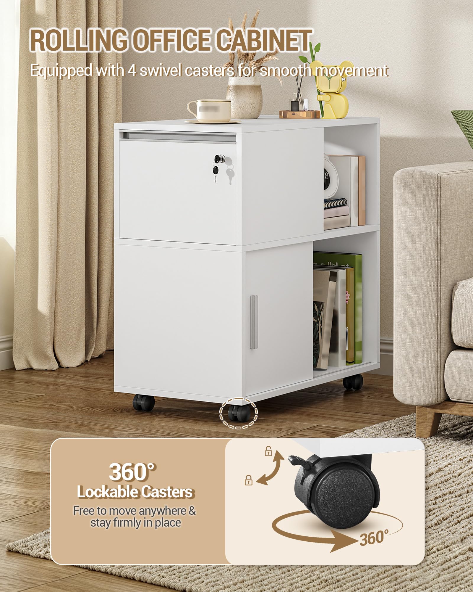 Hzuaneri Rollcontainer 34 x 60 x 70 cm Schubladen Türen weiß