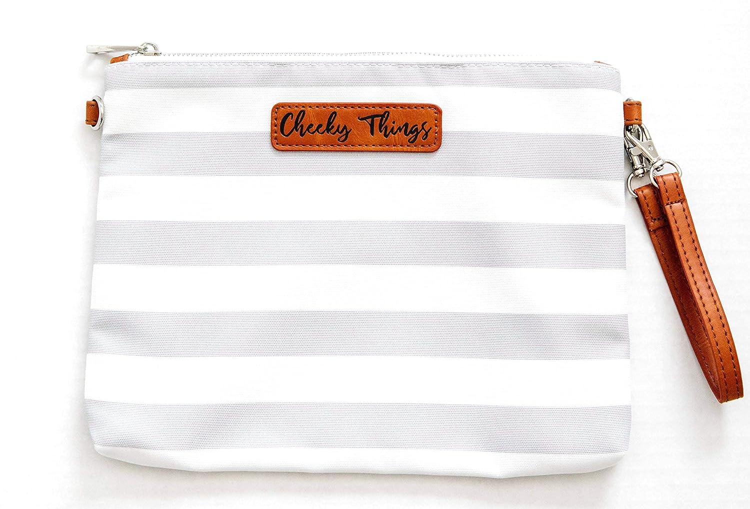 Stylish Diaper Bag Organizing Pouches - XL Set of 4 Gray and White Striped Canvas Diaper Bag Pouches with Leather Embossed Labels, Leather Wristlet Strap & Durable Metal Zippers - Image 6