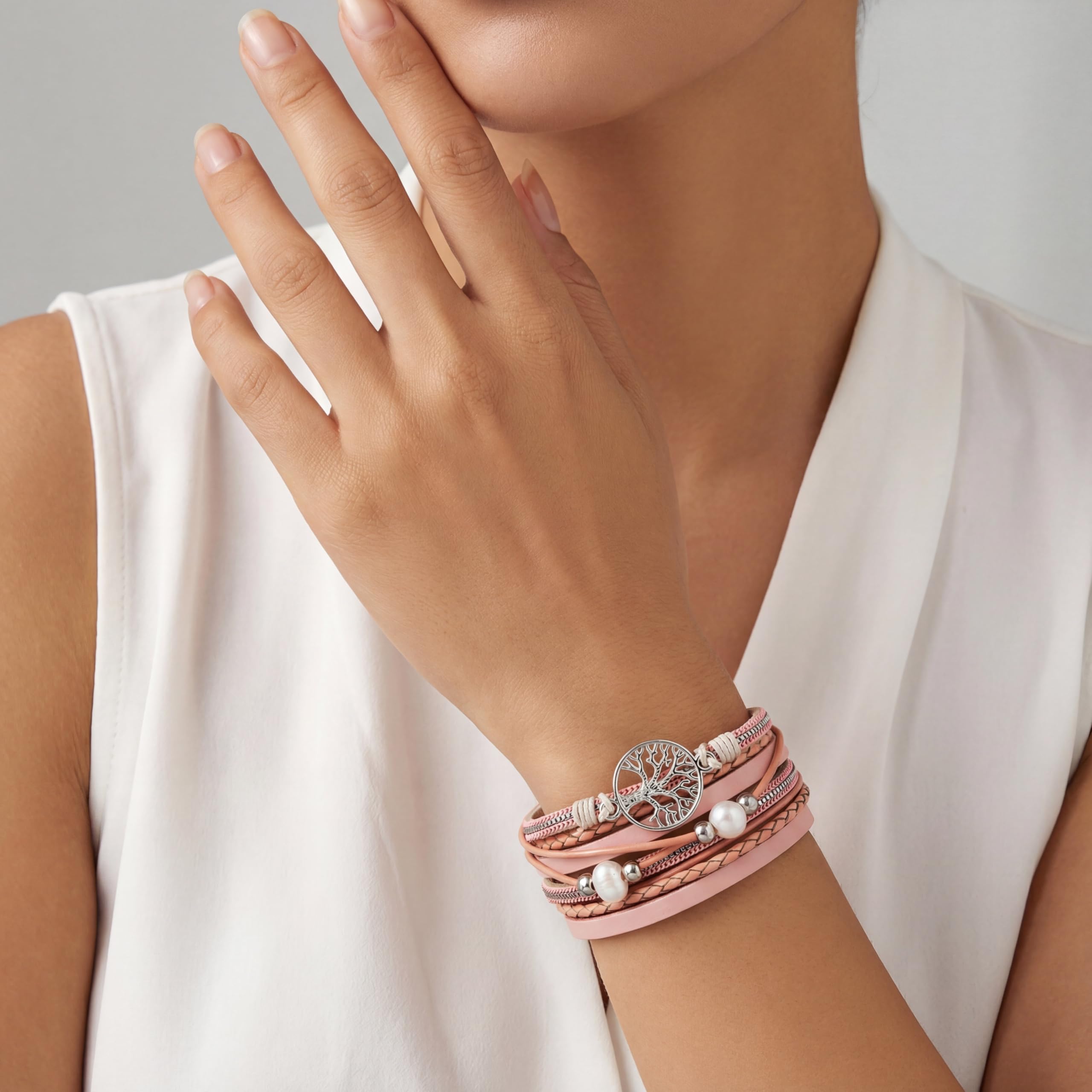 StarAppeal Armband Wickelarmband mit Perlen, Ketten, Flechtelement und Lebensbaum Anhänger, Magnetverschluss Silber, Damen Armband