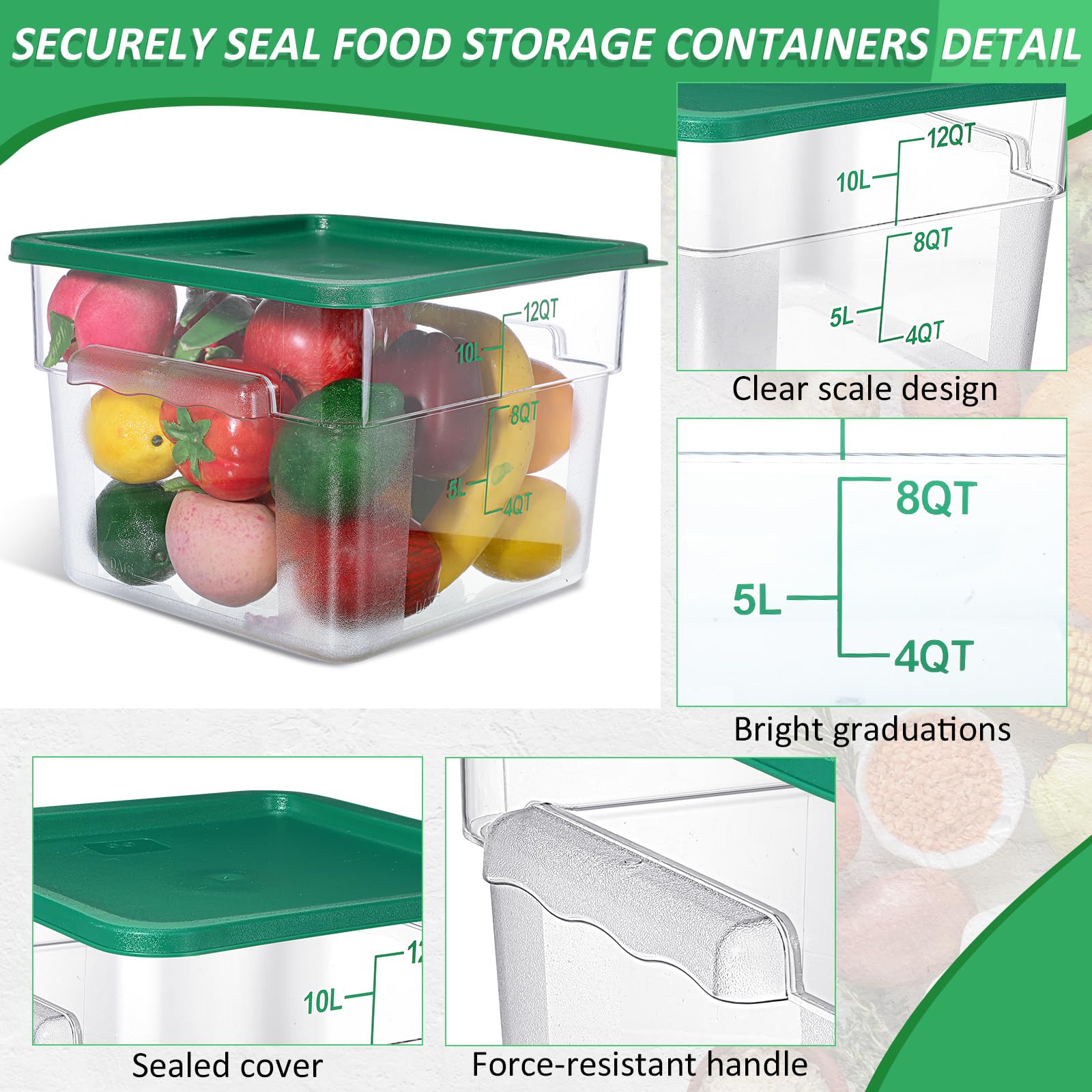 Yungyan Confezione da 6 contenitori per alimenti con coperchi, 12 qt, trasparenti, quadrati, in policarbonato, con graduazioni e manici, per cucina, ristorante, pane, impasti e sous vide