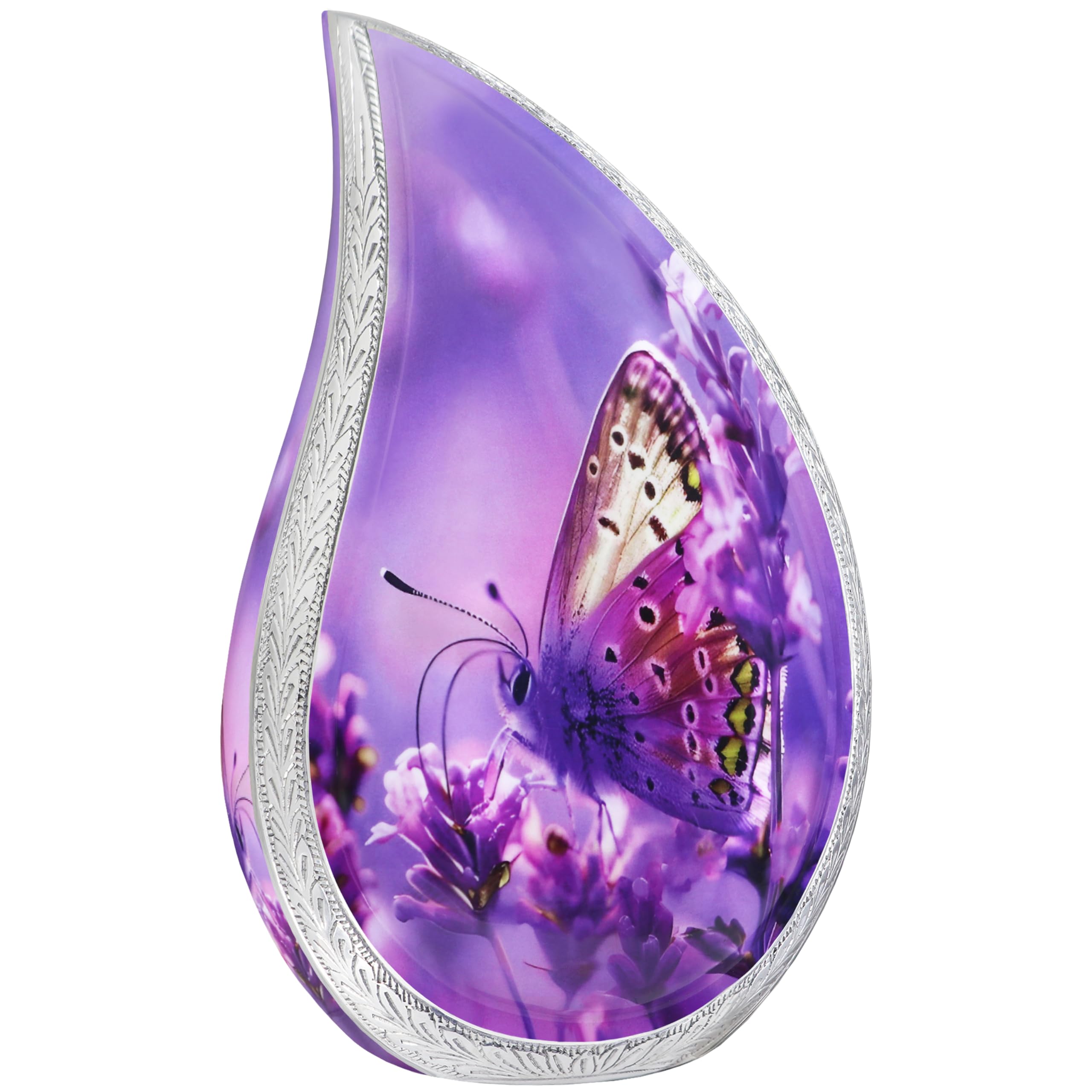 NANIURN Cremation Urn for Ashes for Women & Men, Teardrop Urns for Human Ashes Adult Female & Male, Funeral Urns With Butterflies, Tear Drop Decorative, Lavender & Flower, Purple Butterfly Urn - Large