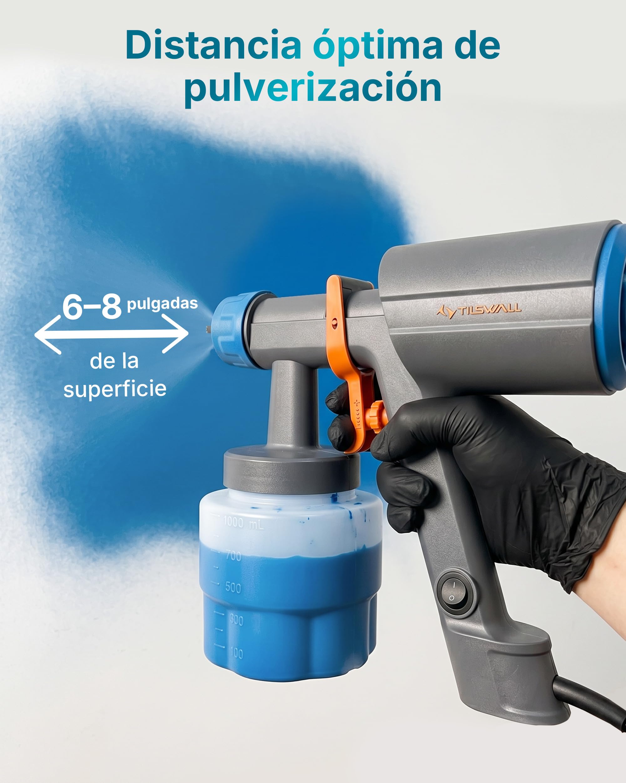 Tilswall Pistola de Pintura Eléctrica HVLP 600W, 1200 mL/min, 3 Boquillas y 3 Patrones, Fácil de Limpiar para Vallas, Cobertizos, Paredes, Techos, Muebles, Gabinetes, Jardín y DIY