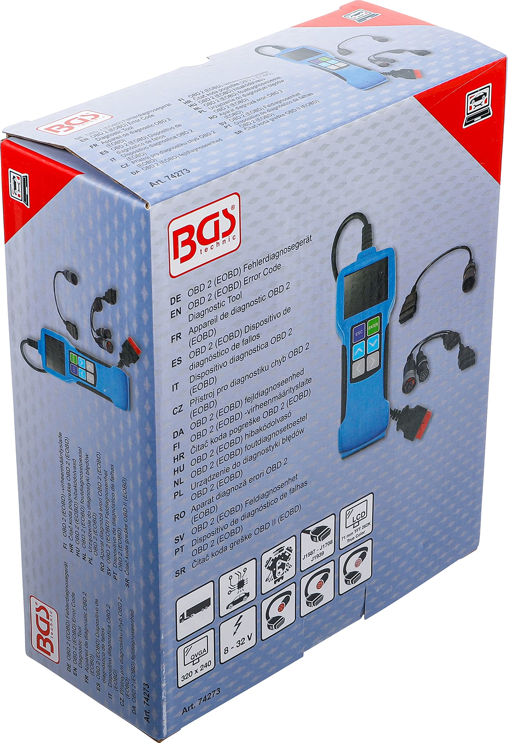 BGS 74273 | OBD 2 (EOBD) Dispositivo de diagnóstico de Fallos | para Camiones | J1587, J1708, J1939 | Adaptador DLC de 6, 9, 30 pines, 8 - 32 V, 71 mm TFT-LCD, actualizable