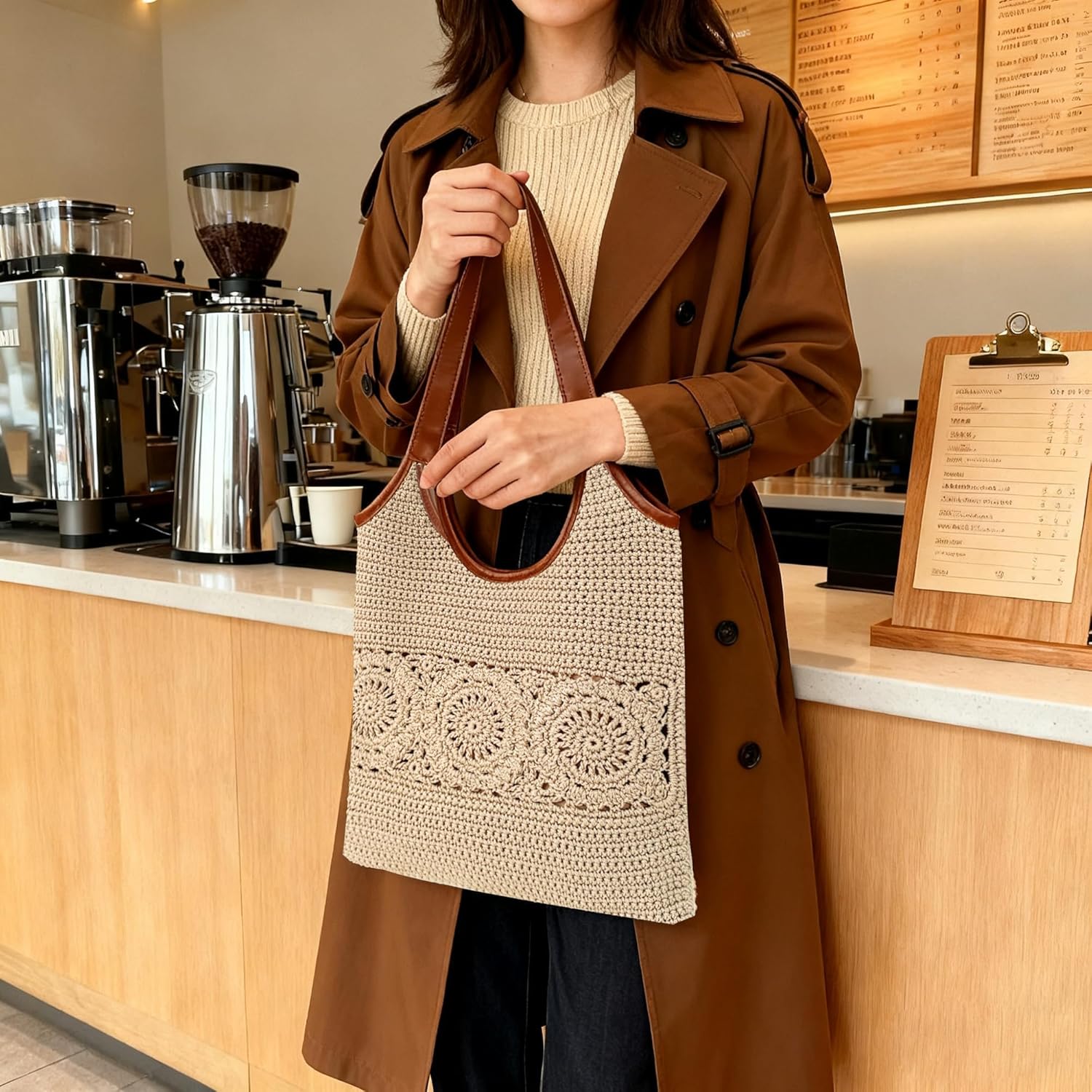 Eiyye Crochet Purse for Women Handmade Flat Woven Shoulder Purse with Wide Leather Straps Lightweight Boho Bag for Shopping Travel Daily Use - Image 3