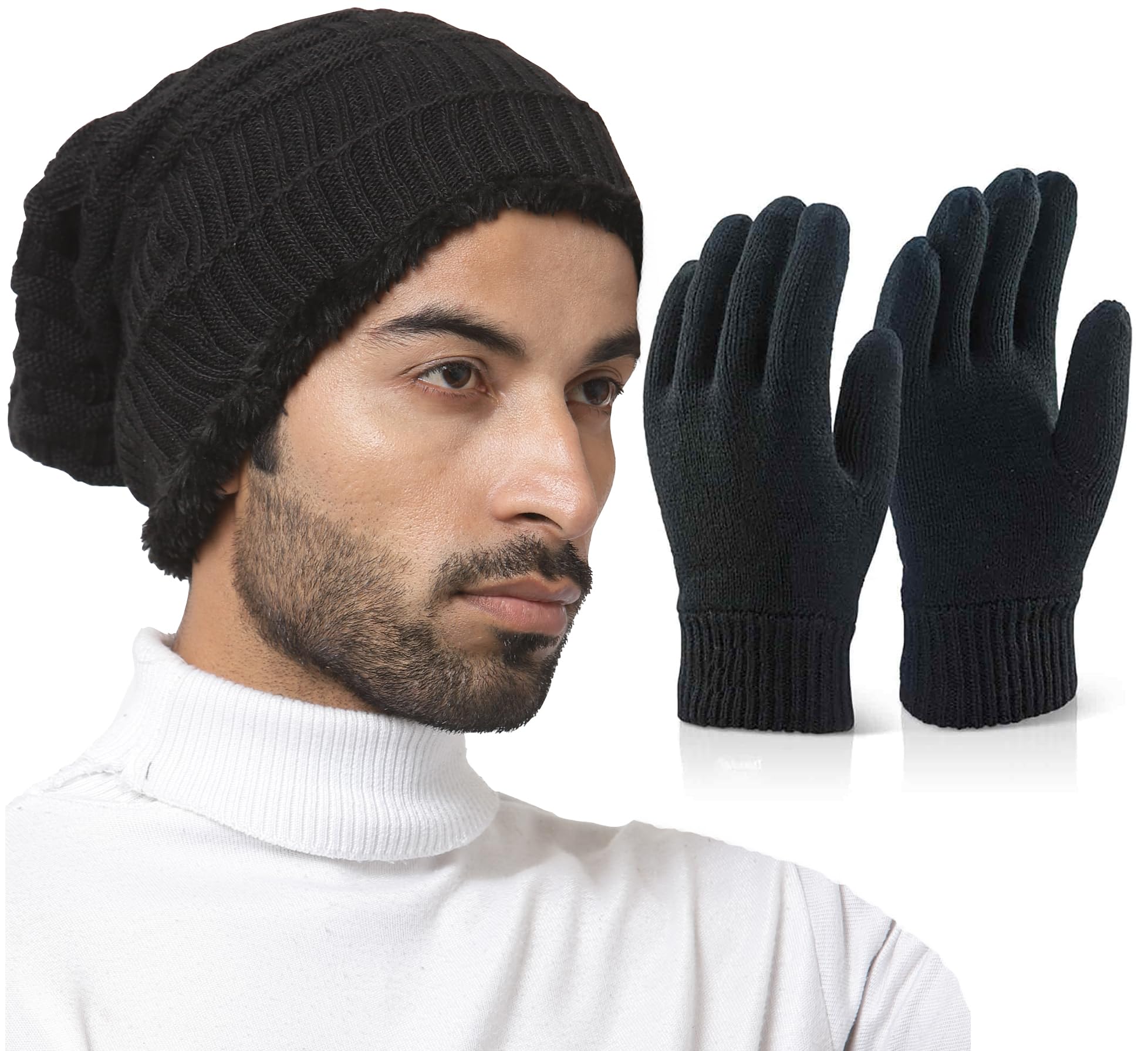 Set of Snow Proof Inside Fur Acro Wool Unisex Beanie Cap Knit Hat Thick Fleece Lined Winter Cap with Gloves for Men & Women, Free Size