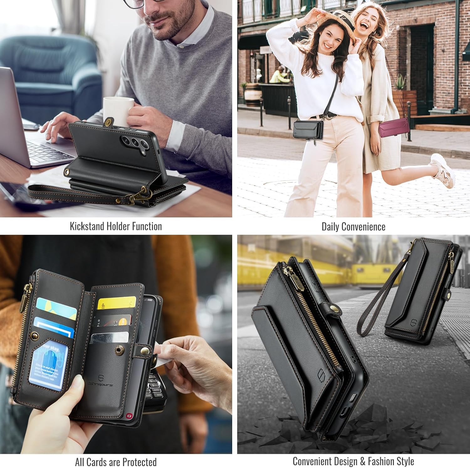 Strapurs Wallet Case Compatible with Samsung Galaxy S25 5G RFID Blocking Card Holder Soft PU Leather Magnetic Snap Shoulder Strap Zipper Pocket Phone Case Fit for Galaxy S25 - Black