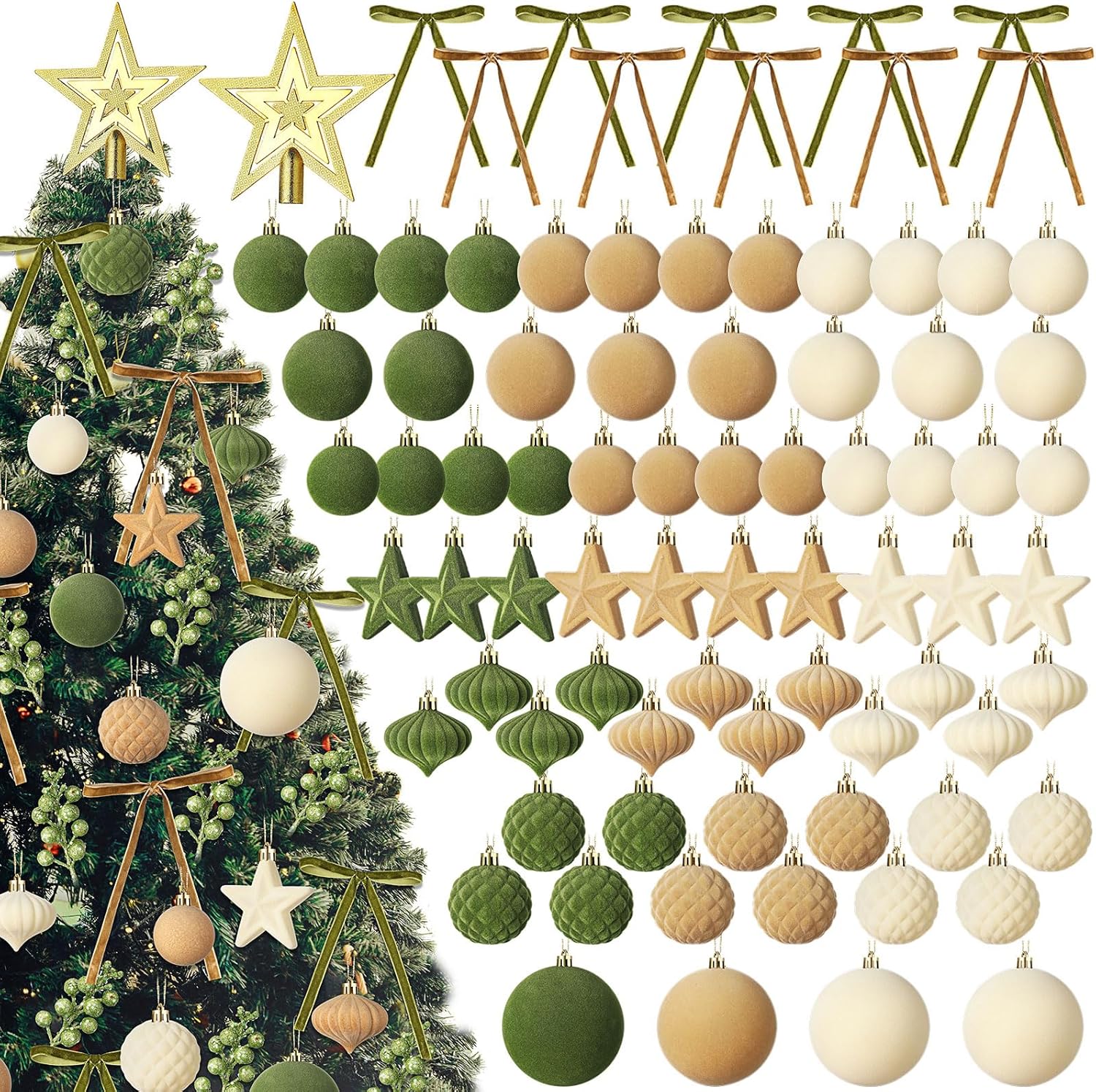95 Pcs Velvet Christmas Tree Decorations Set - 70 Assorted Flocked Ball Ornament, 12 Velvet Bow, 1 Top Star, 12 Glitter Berry Stems for Winter Garland Holiday Tree(Green, Brown, Beige)