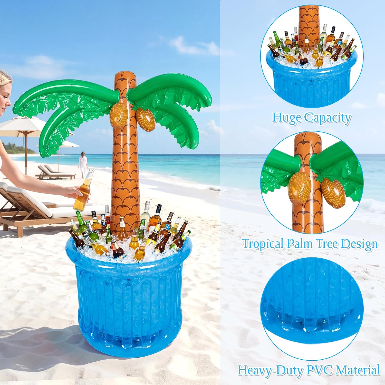 63" Inflatable Palm Tree Cooler, Ideal for Pool Party Decor, Tropical Luau & Hawaiian Beach Themed Summer Birthday Supplies, Drink Beverage Cooler for Indoor Outdoor Summer Parties (Blue)