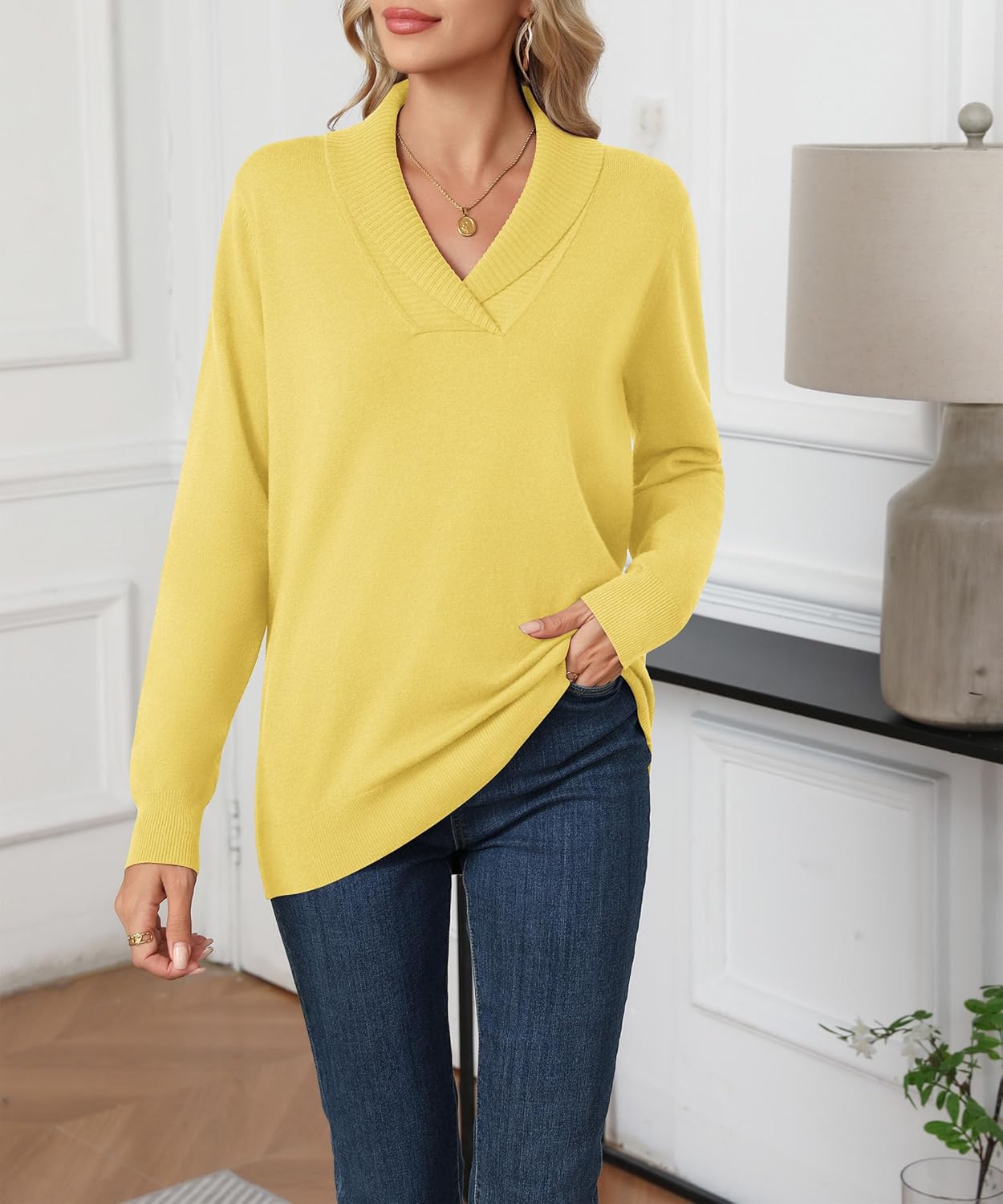 HIYIYEZI Sweaters for Women 2025 Fall Long Sleeve V Neck Collared Knitted Pullover Sweaters - Image 3