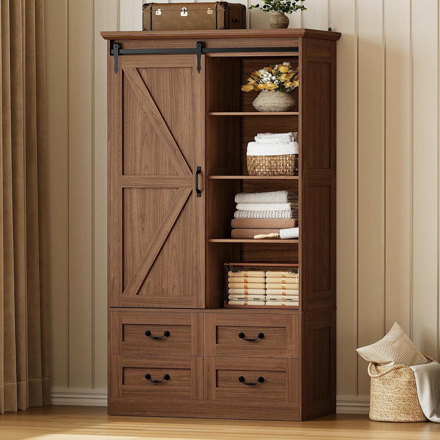 IRONCK Armoire Wardrobe Closet with 4 Drawers,71" Wardrobe Cabinet with Sliding Barn Doors, Tall Clothing Storage Cabinet with Hanging Rod and Shelves for Bedroom,Walnut