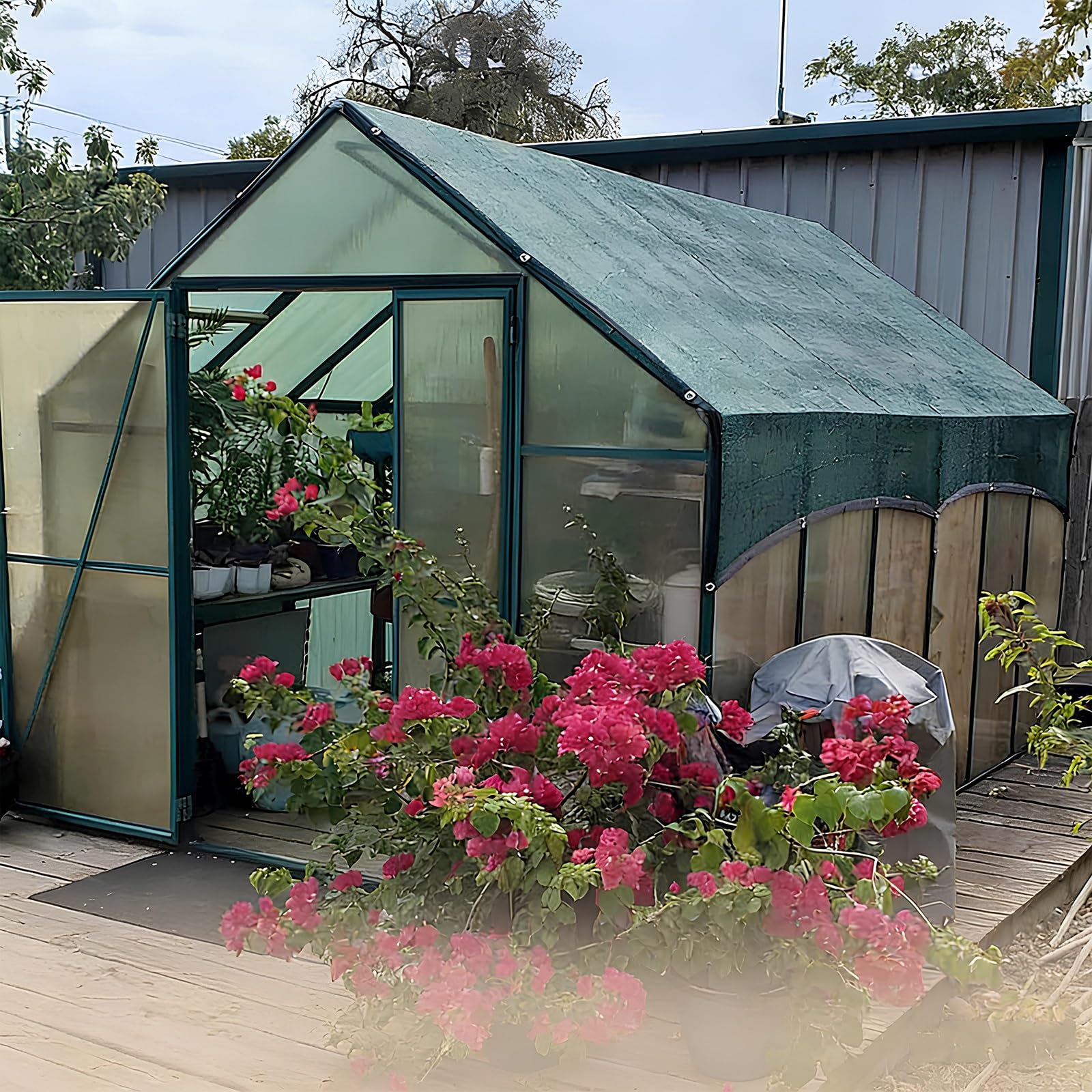 GardenOdporna na promieniowanie UV plandeka siatkowa na zewnątrz, na patio, oddychająca osłona z przelotkami, idealna do hodowli roślin, kurczaków i psów, 6 x 10 m