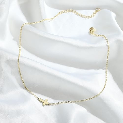 Miniatura 7 de MONOZO Collar de cruz para mujer, chapado en oro de 14 quilates, collar de cruz de oro en capas, collar de gargantilla pequeña con cruz lateral,