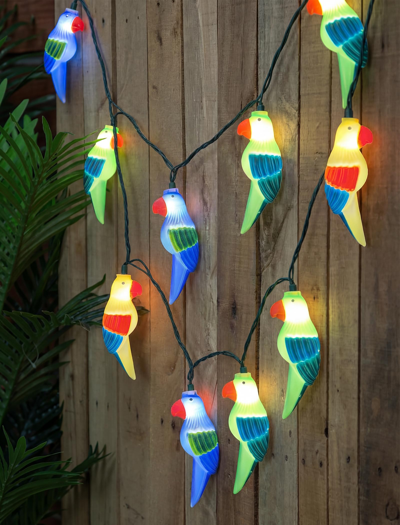 Outdoor Tropical Parrot String Lights Plug in, 8.5Ft Outdoor Hawaiian Decorative Patio String Lights with 10 Colorful Parrot Lights, Hanging Novelty