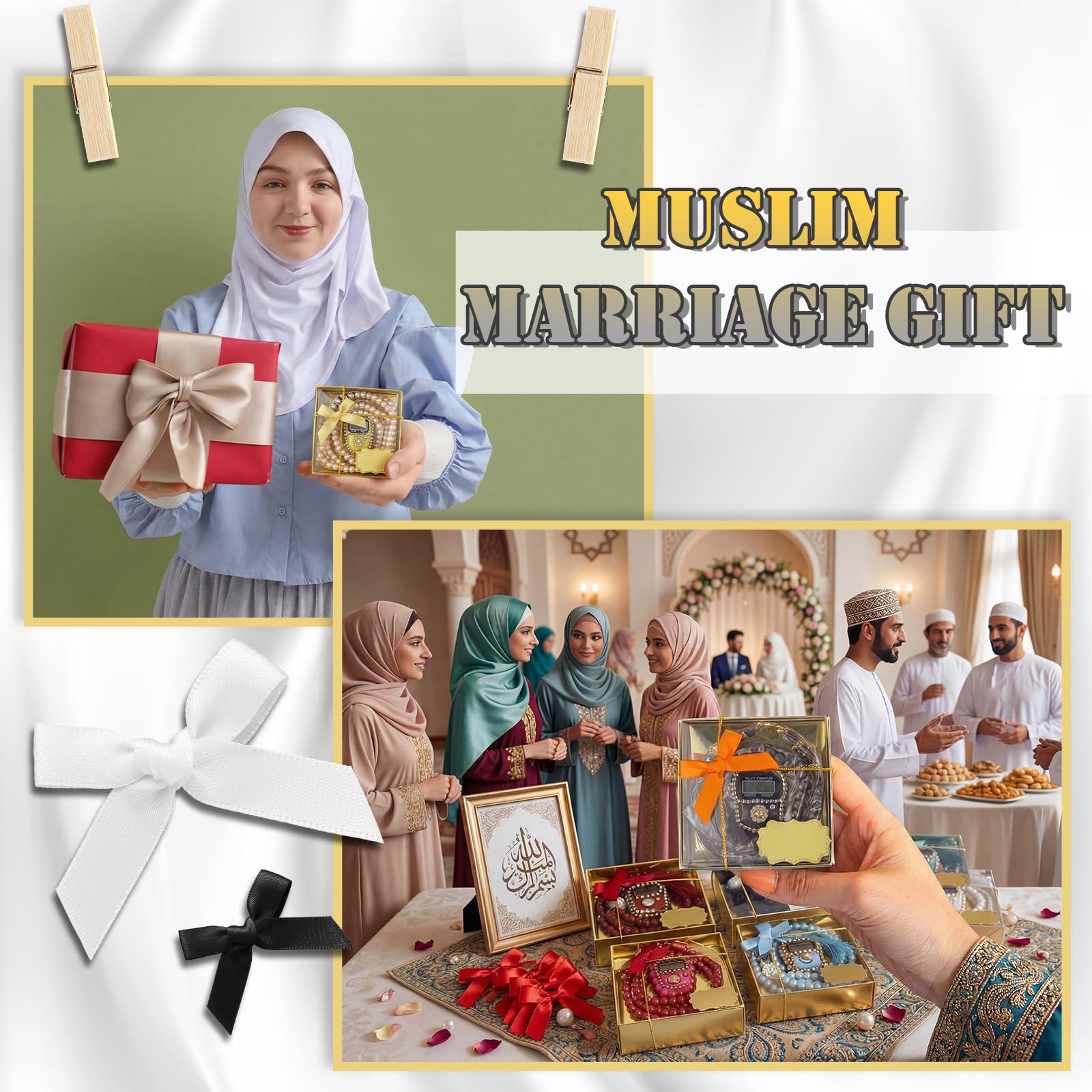 MTLEE 20 Sets muslimische Gebetsperlen für Hochzeiten mit digitalem Zähler | Tasbih Theke mit Goldboxen, Dankeskarten, Bändern, für Eid Ramadan Umrah Islamische Zeremonie, elegantes Paket