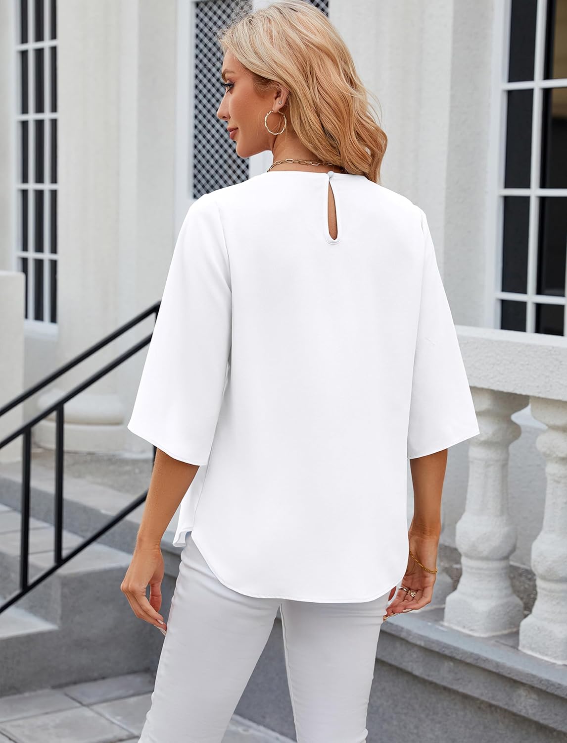 MANSY Womens Tops Dressy Casual Pleated Scoop Neck 3/4 Sleeve Summer Shirts Office Work Chiffon Blouses - Image 6