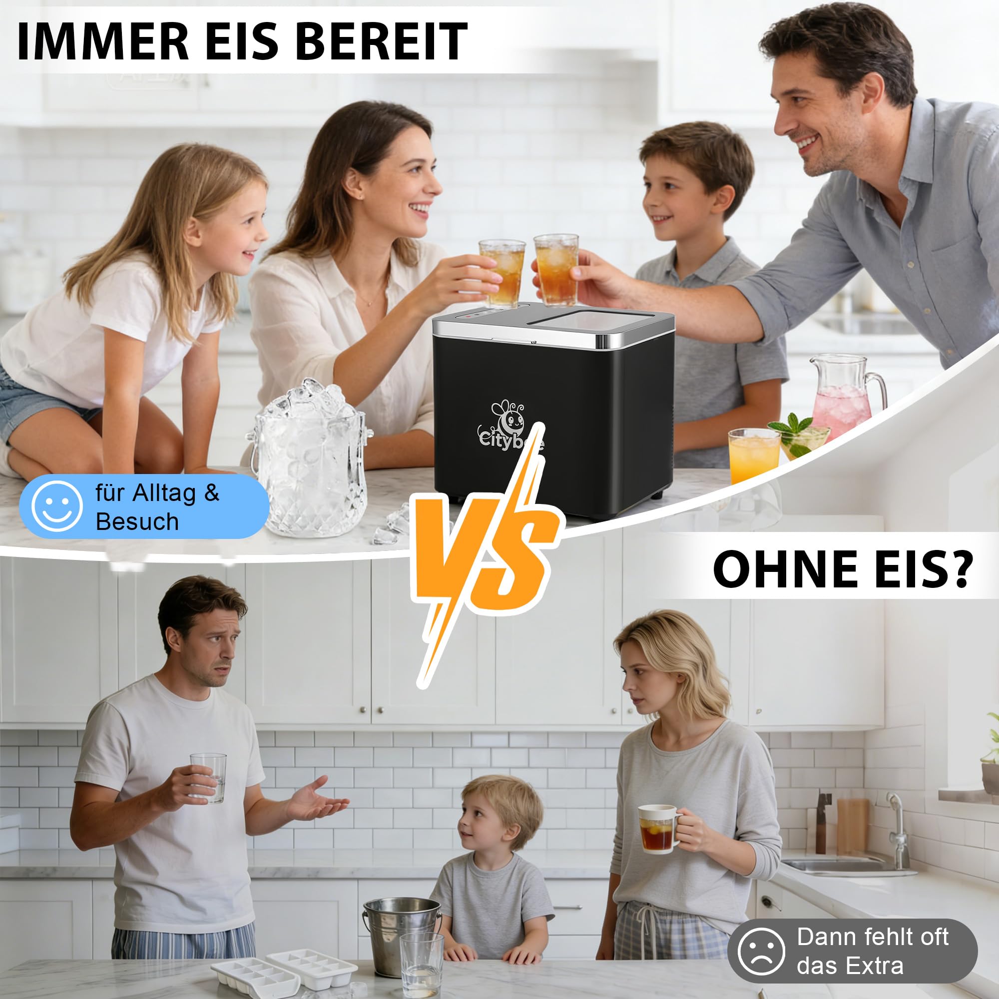 Citybee Petite machine à glaçons Bullet Ice Cube Maker - 2 tailles - Mini silencieuse - Avec poignée portable - Pour bureau, camping et fête