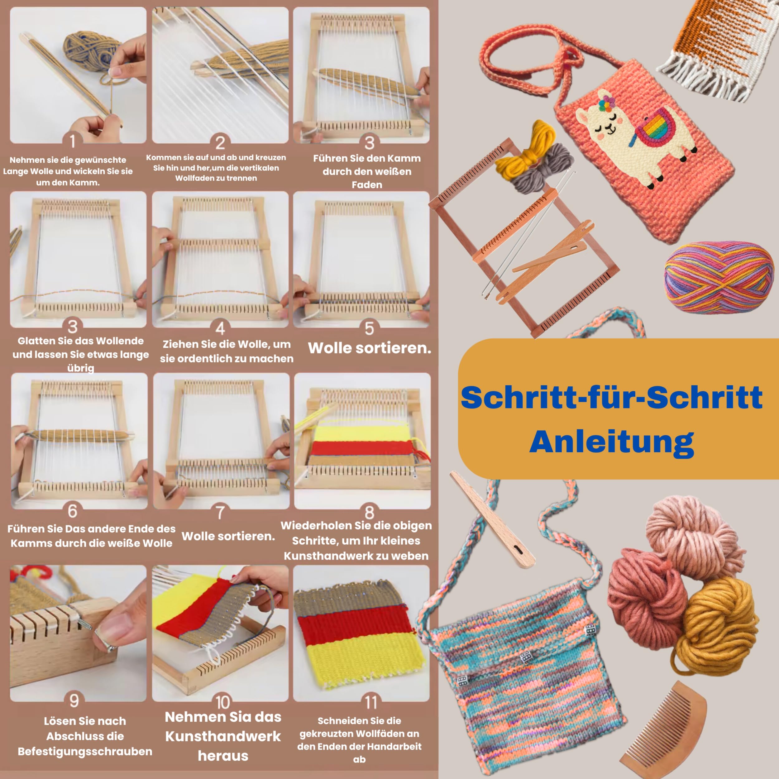 ZENOMORI Premium Webrahmen für Kinder ab 4 Jahre zum Weben und Stricken -DIY Holz Webstuhl Kreatives-Bastelset 29x19cm mit farbiger Wolle Schulwebrahmen für Anfänger und Schüler