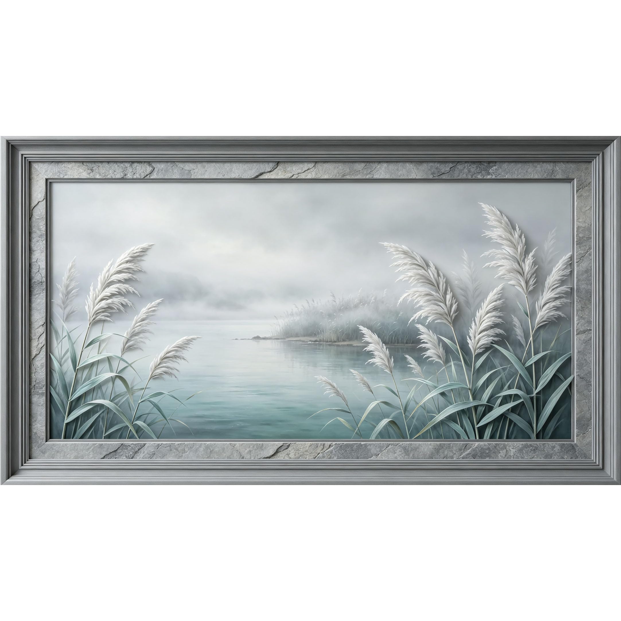 QZLITHOTIC 50×90cm3D Framed Wall Art， Minimalist Misty Lake Reed Botanical SelfAdhesive Mural， WaterActivated Peel & Stick Fabric Decor Wall Decal for Bedroom Living Room