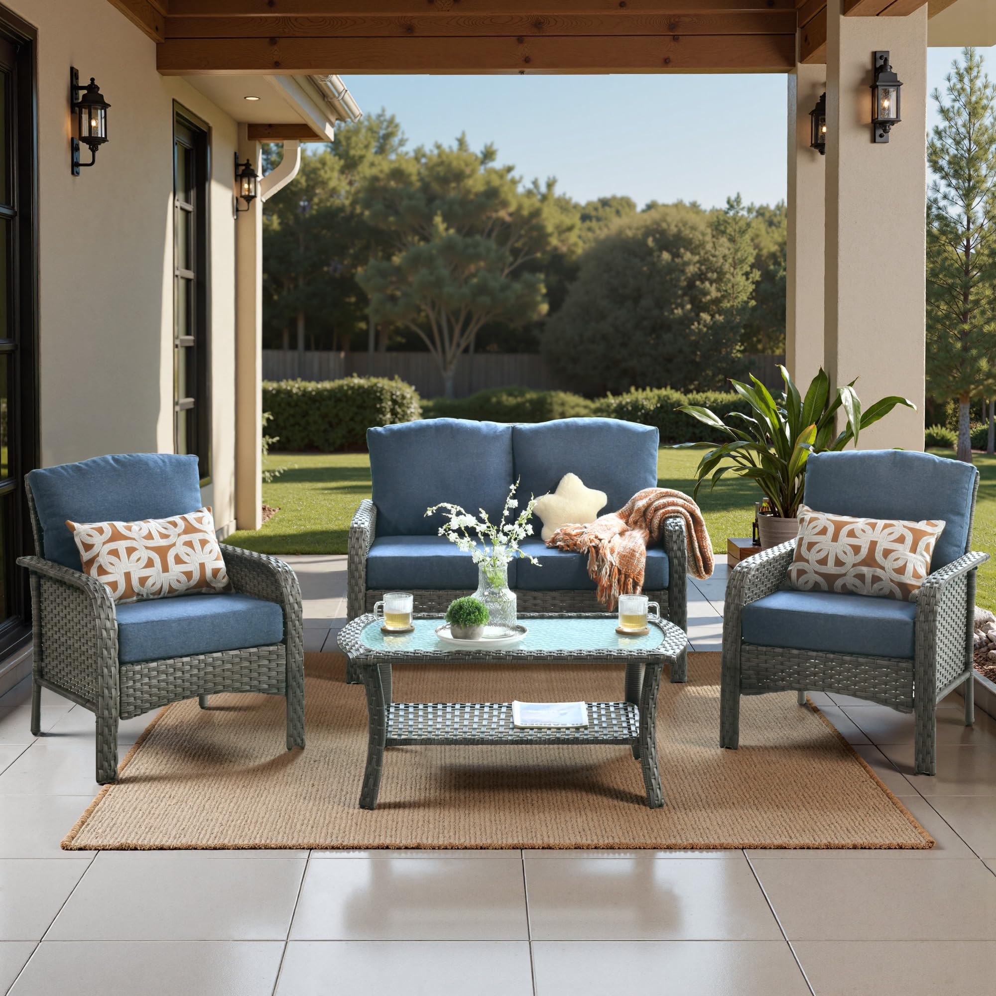 Weaxty Wicker Patio Furniture Set High Back Loveseat Sofa Couch Armchair Coffee Table, All Weather Rattan 4 Pieces Outdoor Conversation Sets for Patio