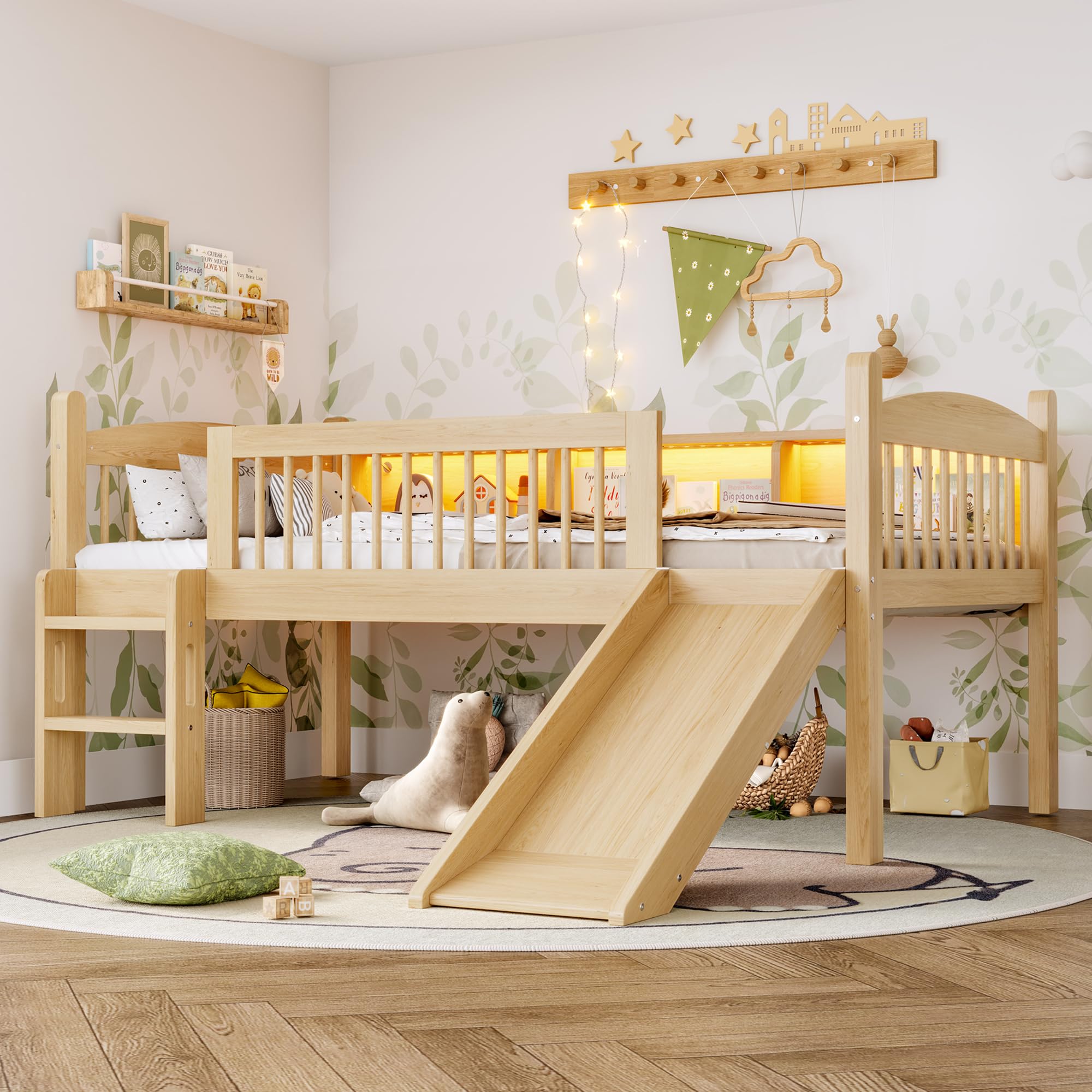 Twin XL Loft Bed with Storage Shelves, Solid Wood Lower Loft Bed with LED Lights and Full-Length Guardrails, No Box Spring Needed (Natural/T9)