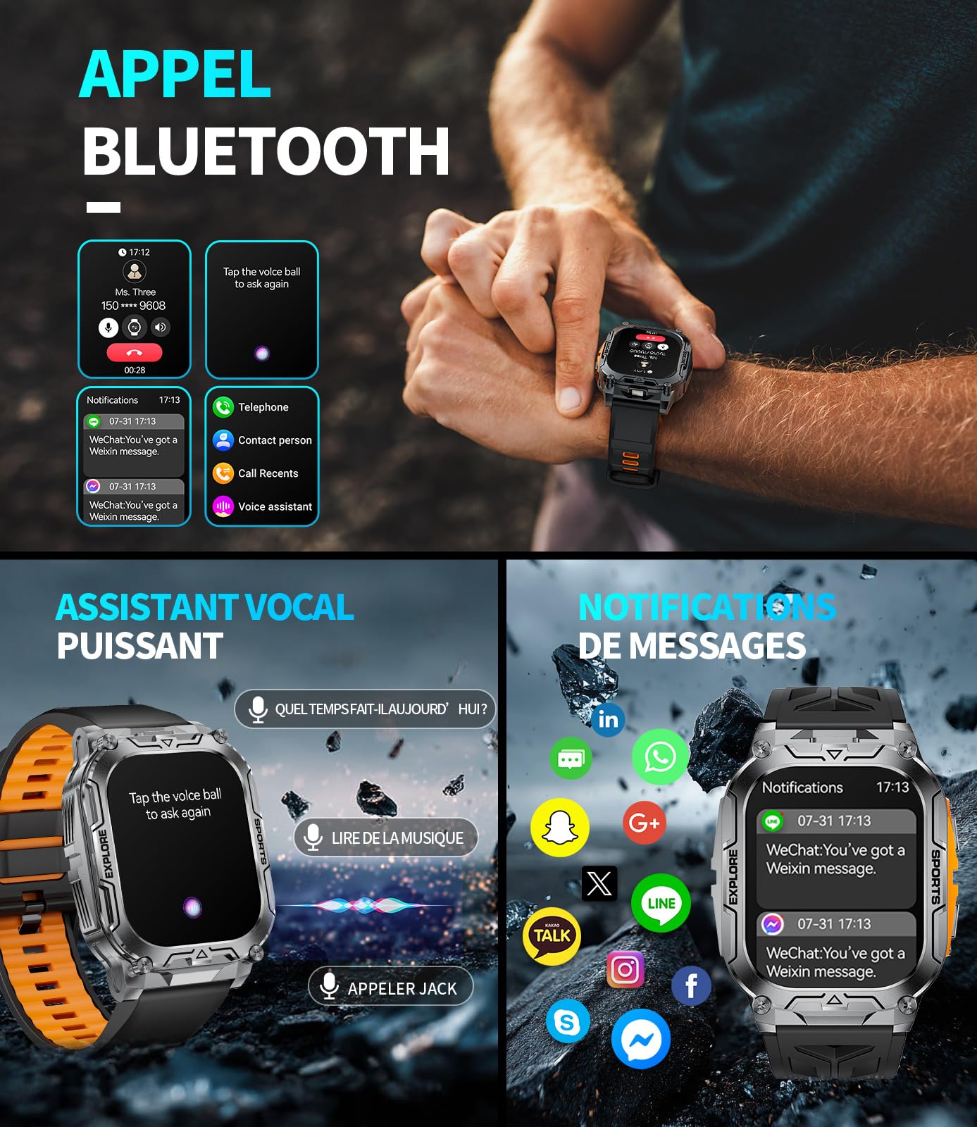 Montre Connectée Homme, 1000 mAh Batterie/LED Lampe Smartwatch avec Appel Bluetooth, 2.01'' HD Rectangle Écran/100+ Modes Sport/Sommeil/IP68 Étanche Montre Connectée pour Android iOS, Orange Noire