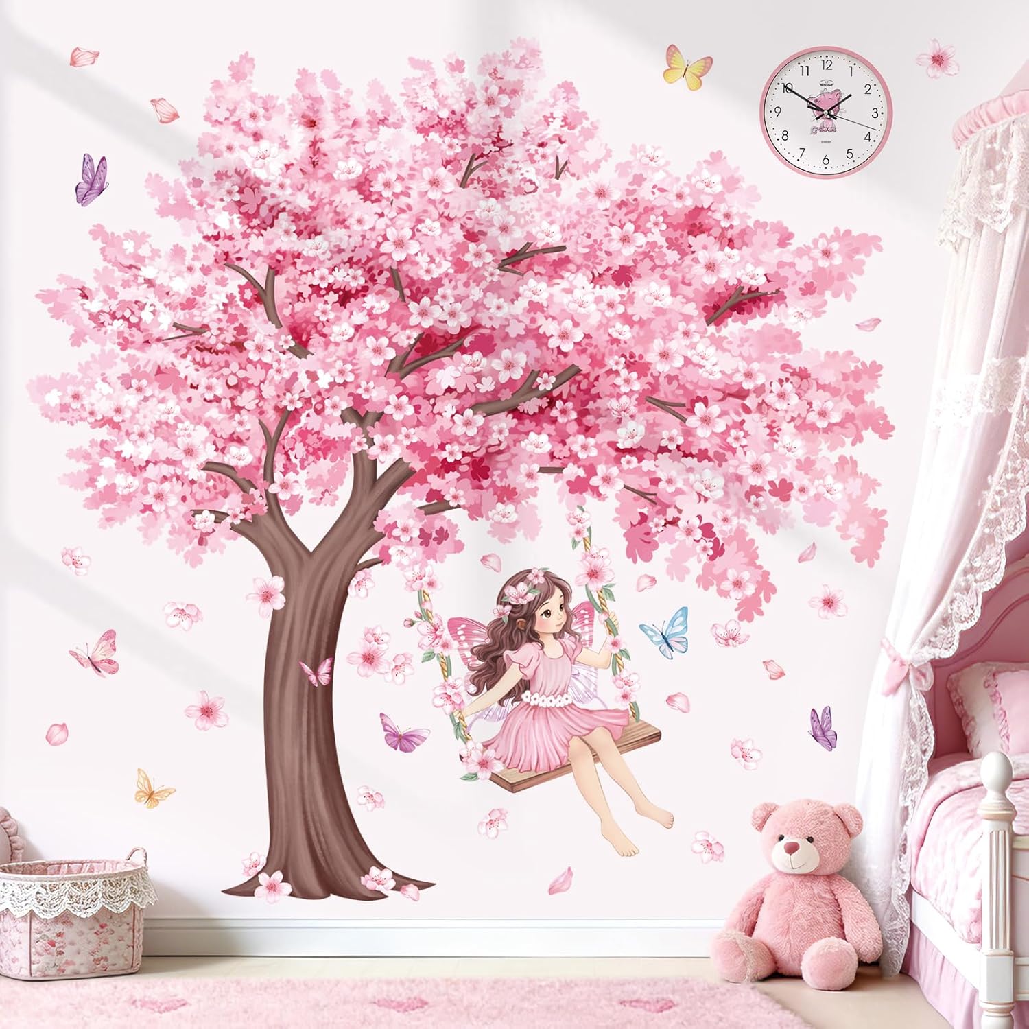 wondever Large Cherry Blossom Tree Wall Stickers Pink Flower Girl on Swing Butterfly Peel and Stick Wall Art Decals for Baby Nursery Kids Room Girls Bedroom