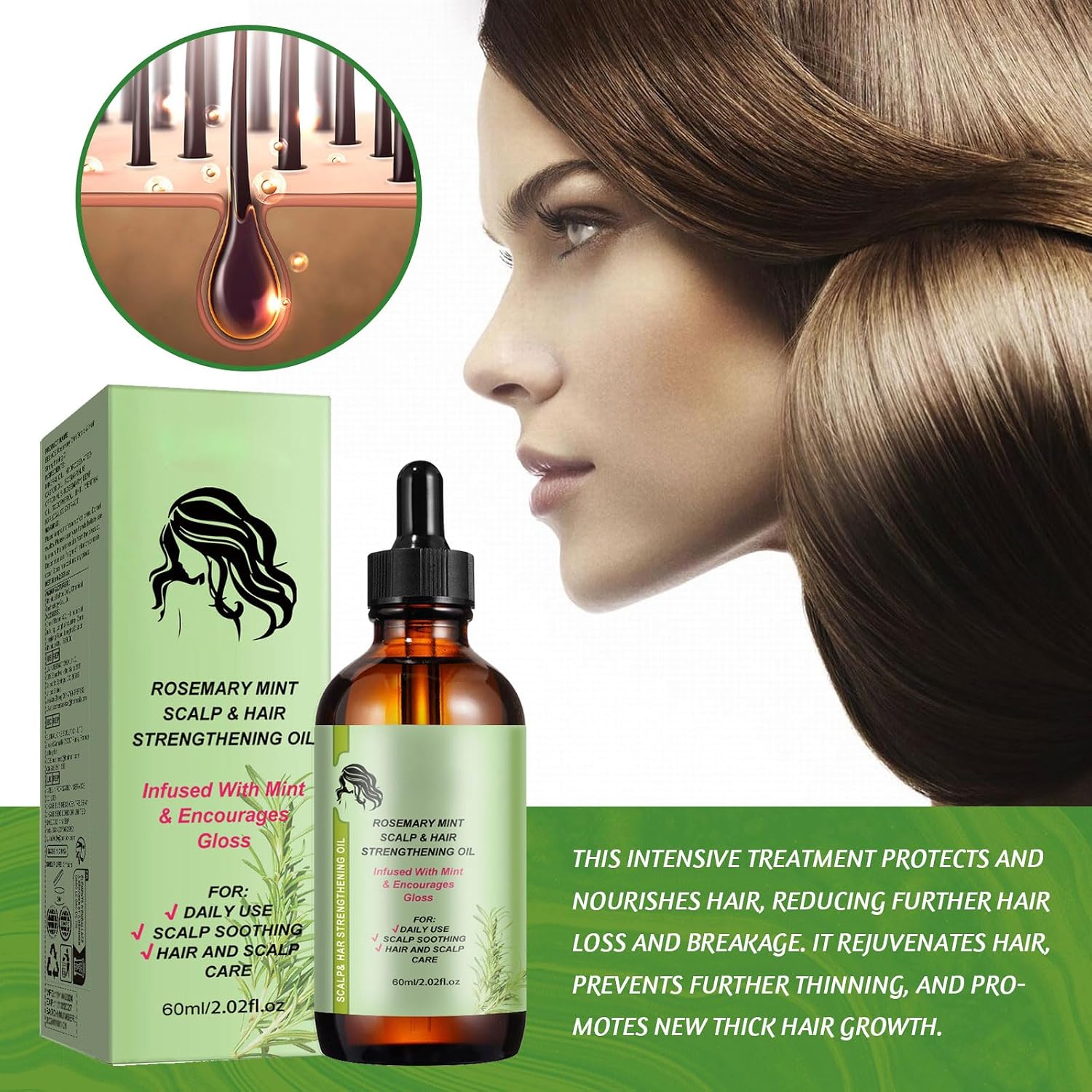Rosemary Mint Scalp & Hair Strengthening Oil, Natural Ingredients with Jojoba Oil, Anti-Hair Loss Treatment for All Hair Types, 2.02 fl oz Glass Bottle with Dropper