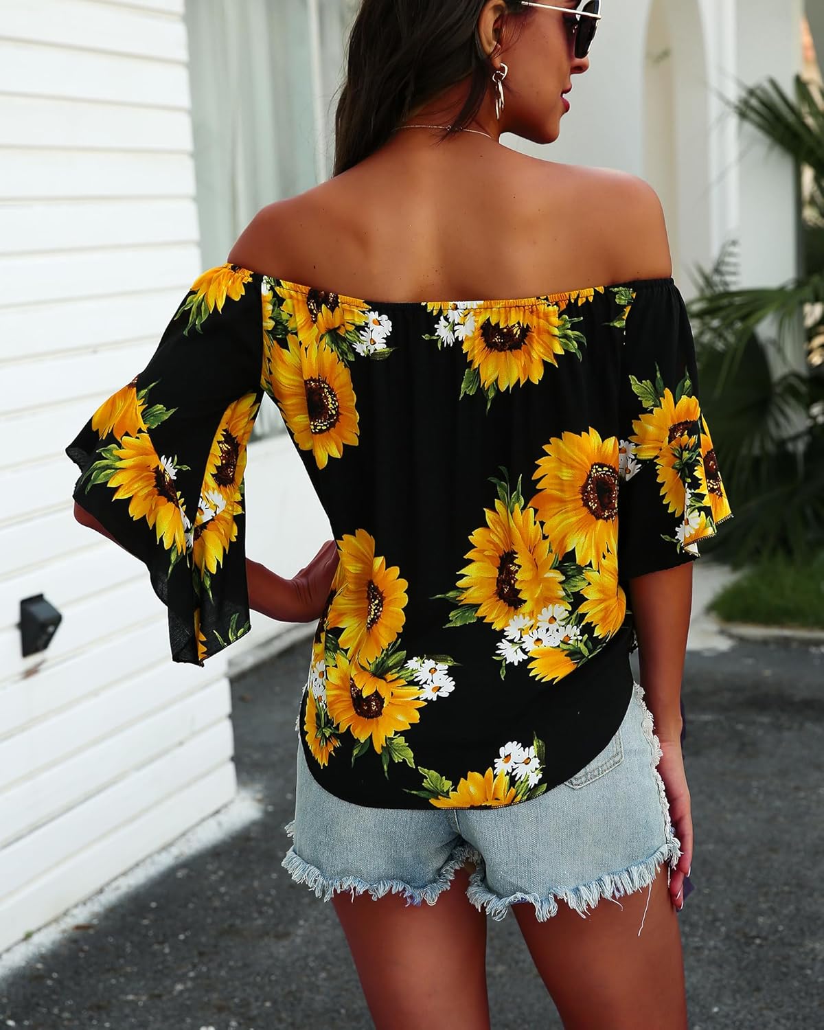 Hibluco Womens Off Shoulder Tops Sexy Floral Print Crop Tops Summer Blouses T-Shirt - Image 5