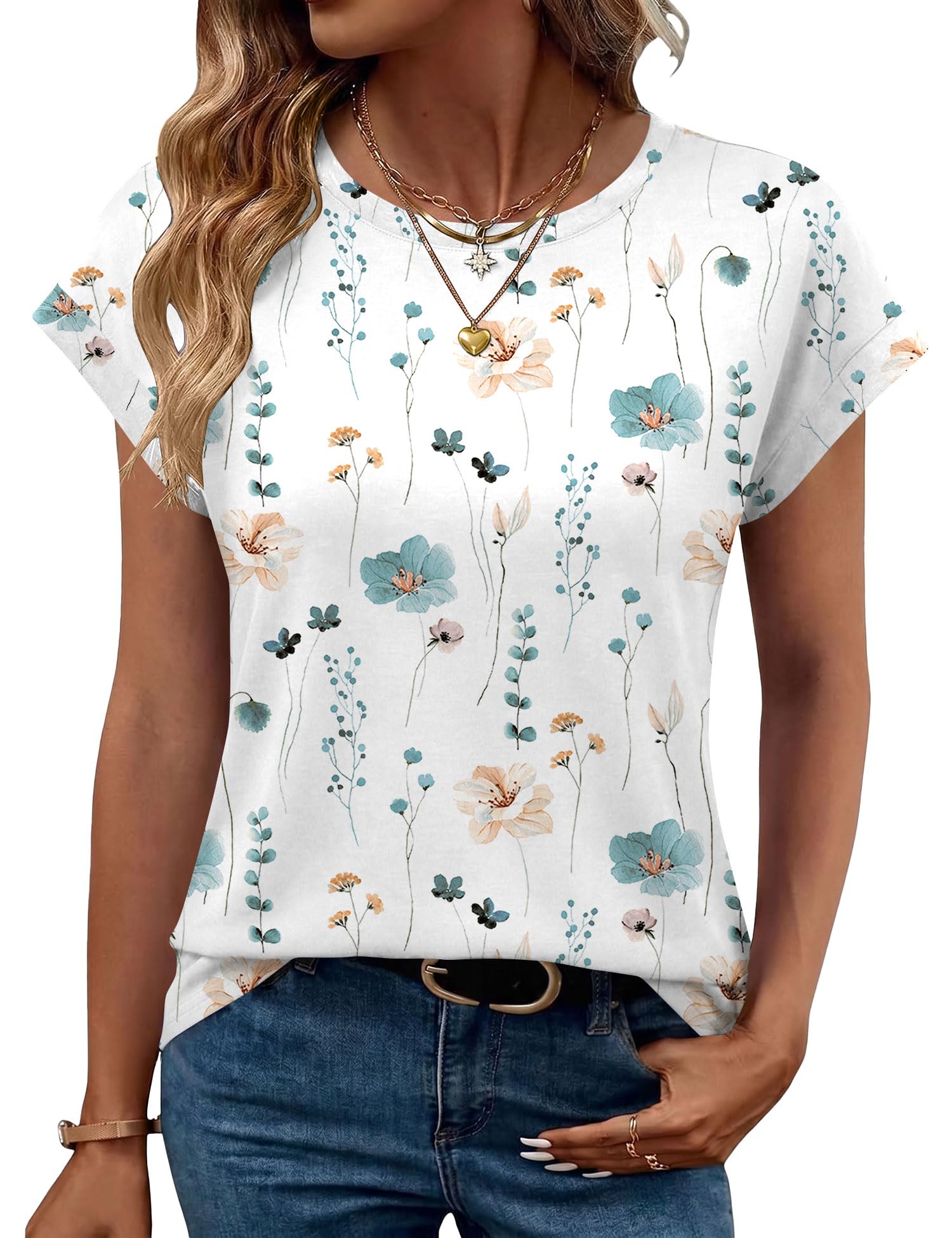 Tisfeer Damen Shirt Elegant Rundhals Sommer Bluse Kurze Ärmel Oberteil für Freizeit & Büro Locker T-Shirt Frühling
