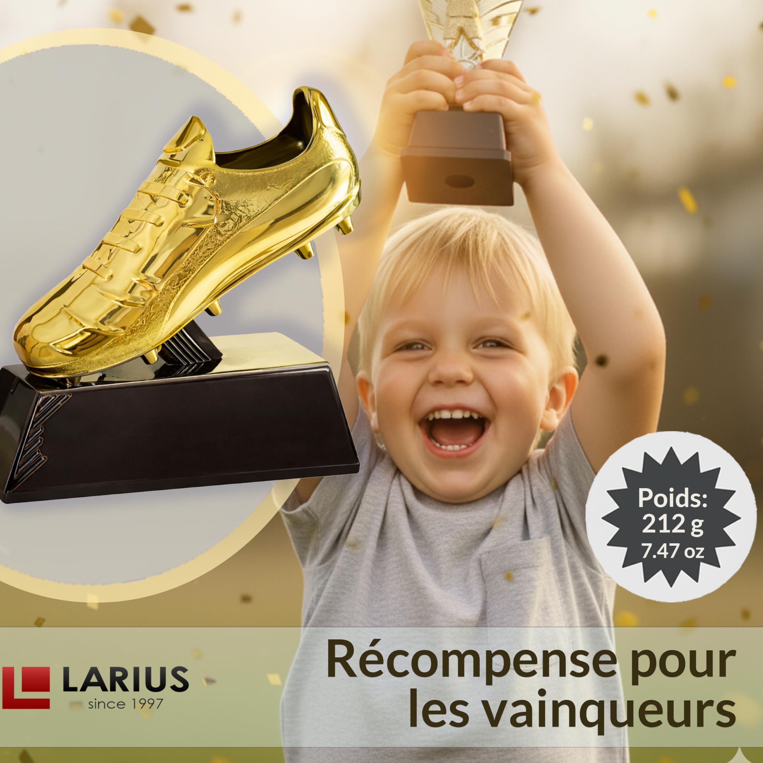 Larius Trophée de football dorée (13,5 cm, 212 g) – Trophée de football avec gravure en option – Coupe gagnante pour tournois, MVP & Goalkeeper King – S2