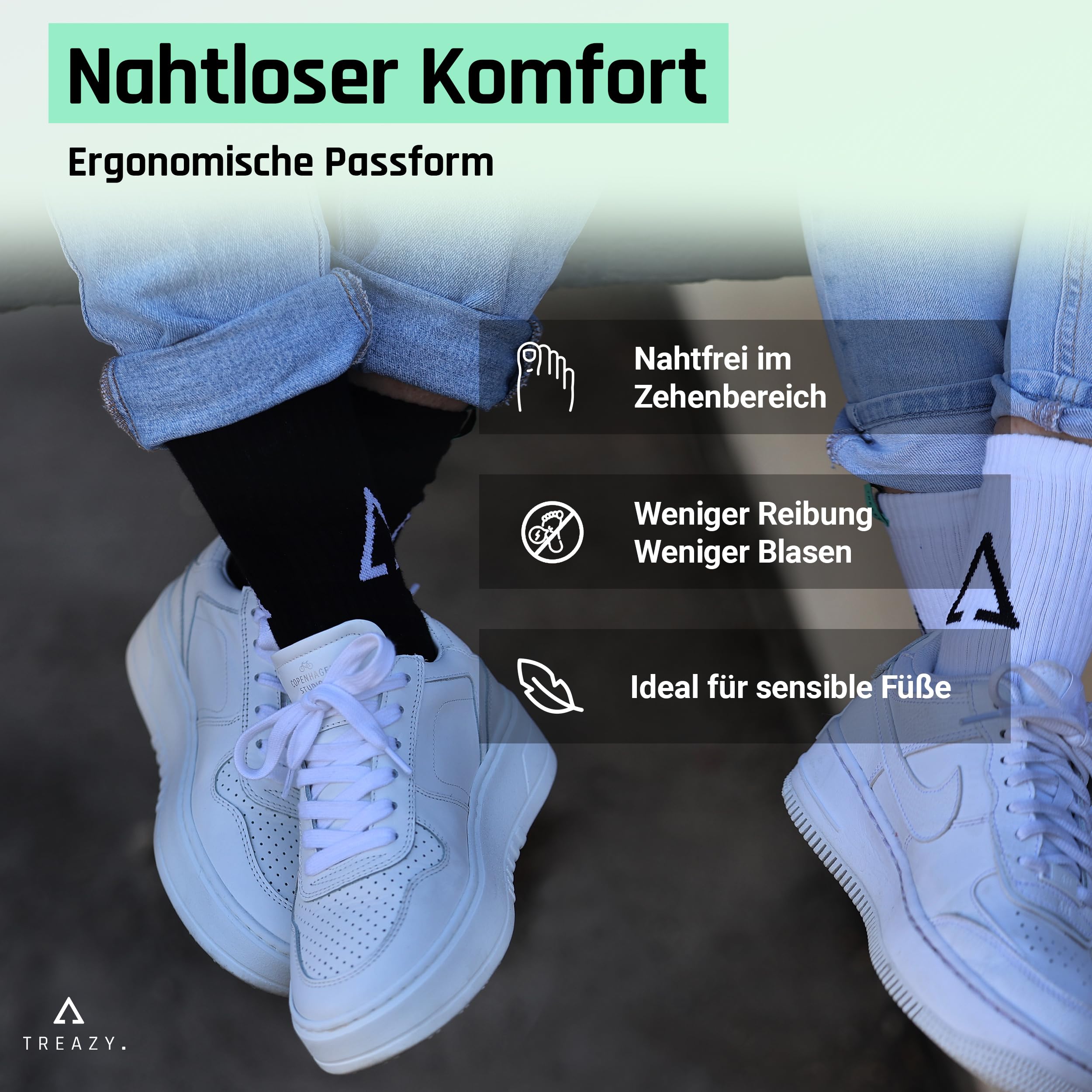 TREAZY Tennissocken Crew Socks aus Bio-Baumwolle – Schweiß und blasenfrei dank extra Lüftungskanälen sowie anatomischer Passform – besonders langlebig