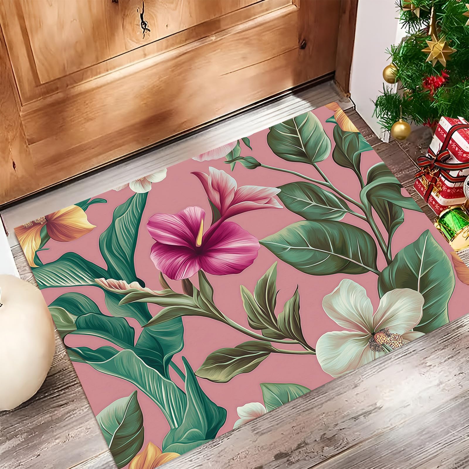 Paillasson Antidérapant Fleurs Tropicales 80x120cm Rose