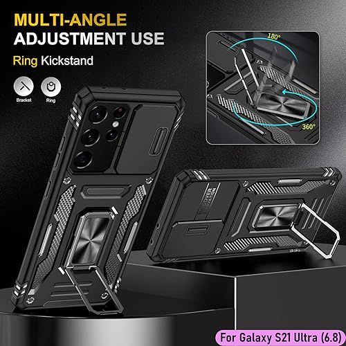 Miniatura 5 de Funda resistente para Samsung Galaxy S21 Ultra, protección híbrida de goma de doble capa de grado militar con protector de cámara deslizante,