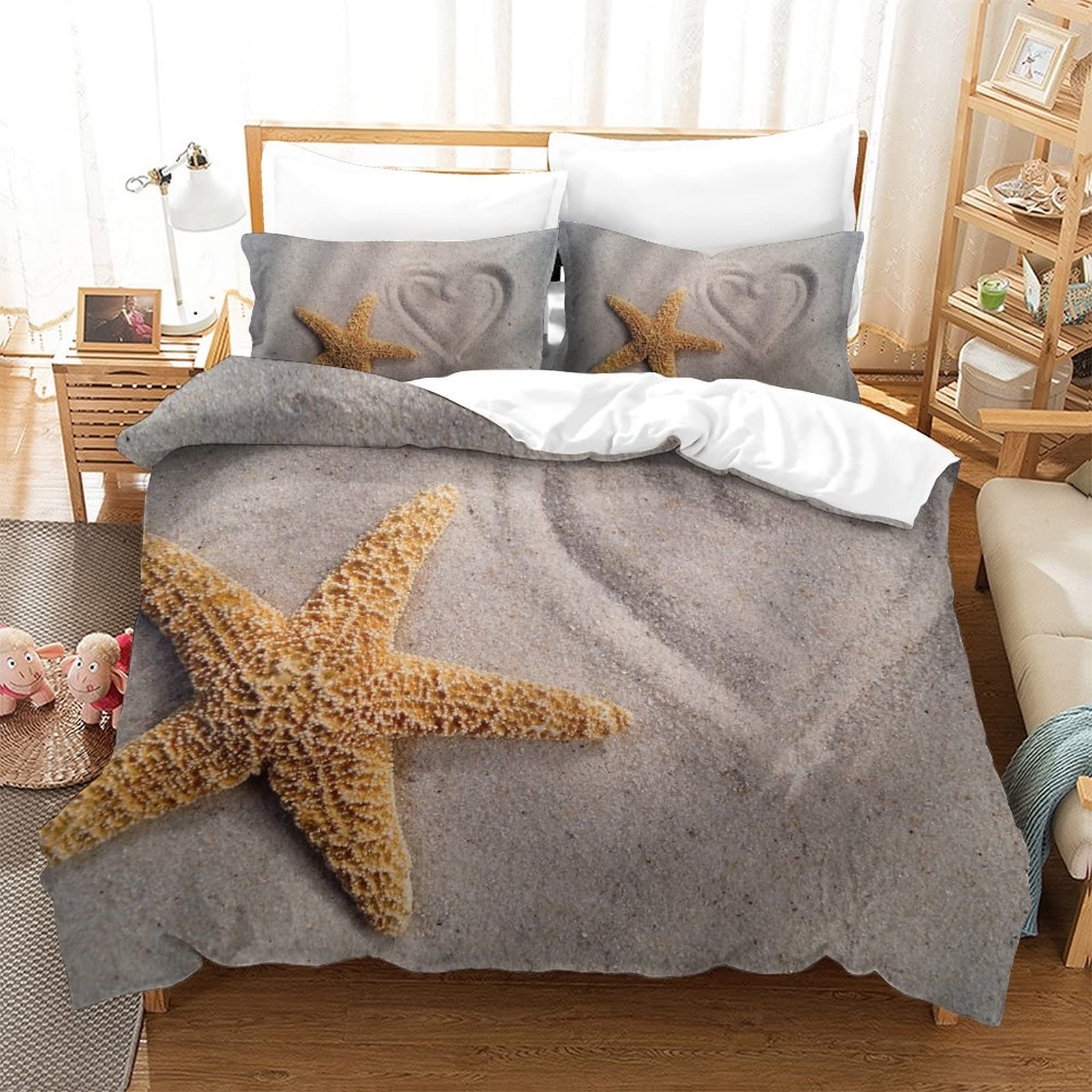 Housse de couette 220x240 plage étoile de mer parure de lit grand lit 3 pièces microfibre douce