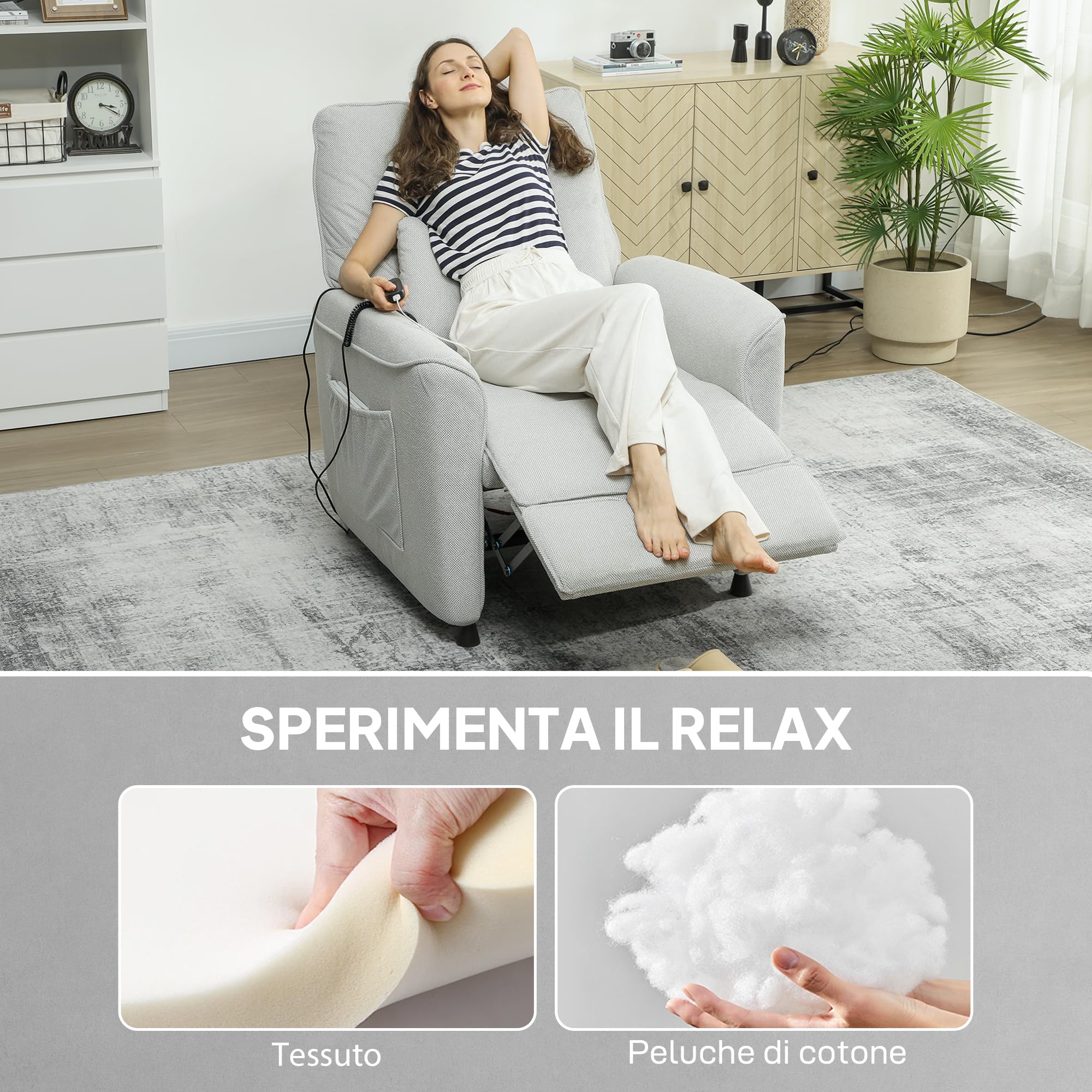 HOMCOM Poltrona Relax Elettrica Massaggiante e Riscaldante, Silenziosa, Poltrona Reclinabile 150° in Ciniglia con Cuscino, Funzione Memory, 2 Telecomandi, Poggiapiedi, USB per Soggiorno, Grigio Chiaro