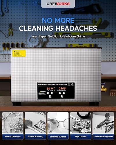 Miniatura 2 de CREWORKS Máquina de limpieza ultrasónica digital de 30 litros con calentador y temporizador, máquina de limpieza ultrasónica de acero inoxidable de