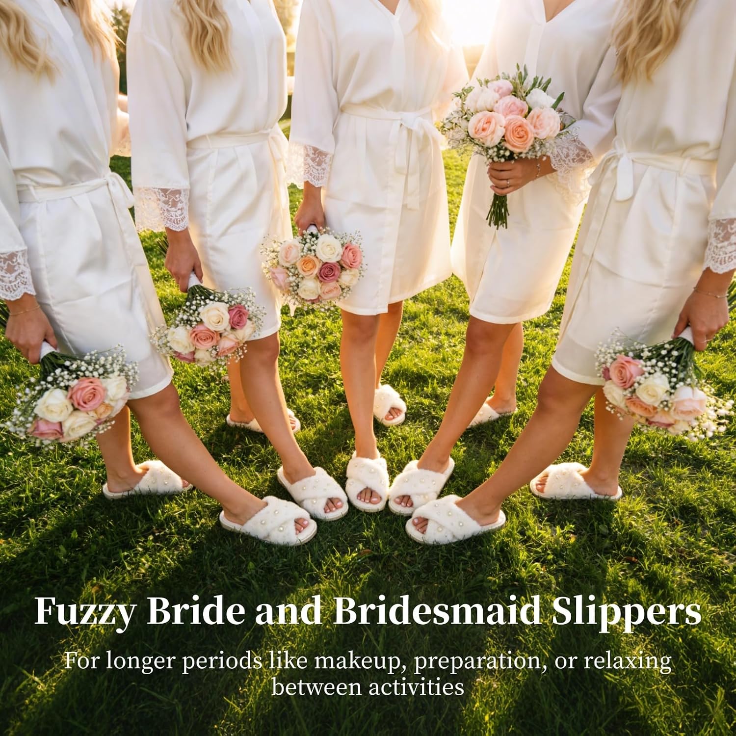 6 Pairs Bride Slippers for Wedding Day, Bridesmaid Slippers, 7-9 Fuzzy Pearl Bridal Slipper Set, Plush Cross Band Design with Non Slip Rubber Sole, Bridal Slippers for Bridal Shower Bachelorette Getting Ready