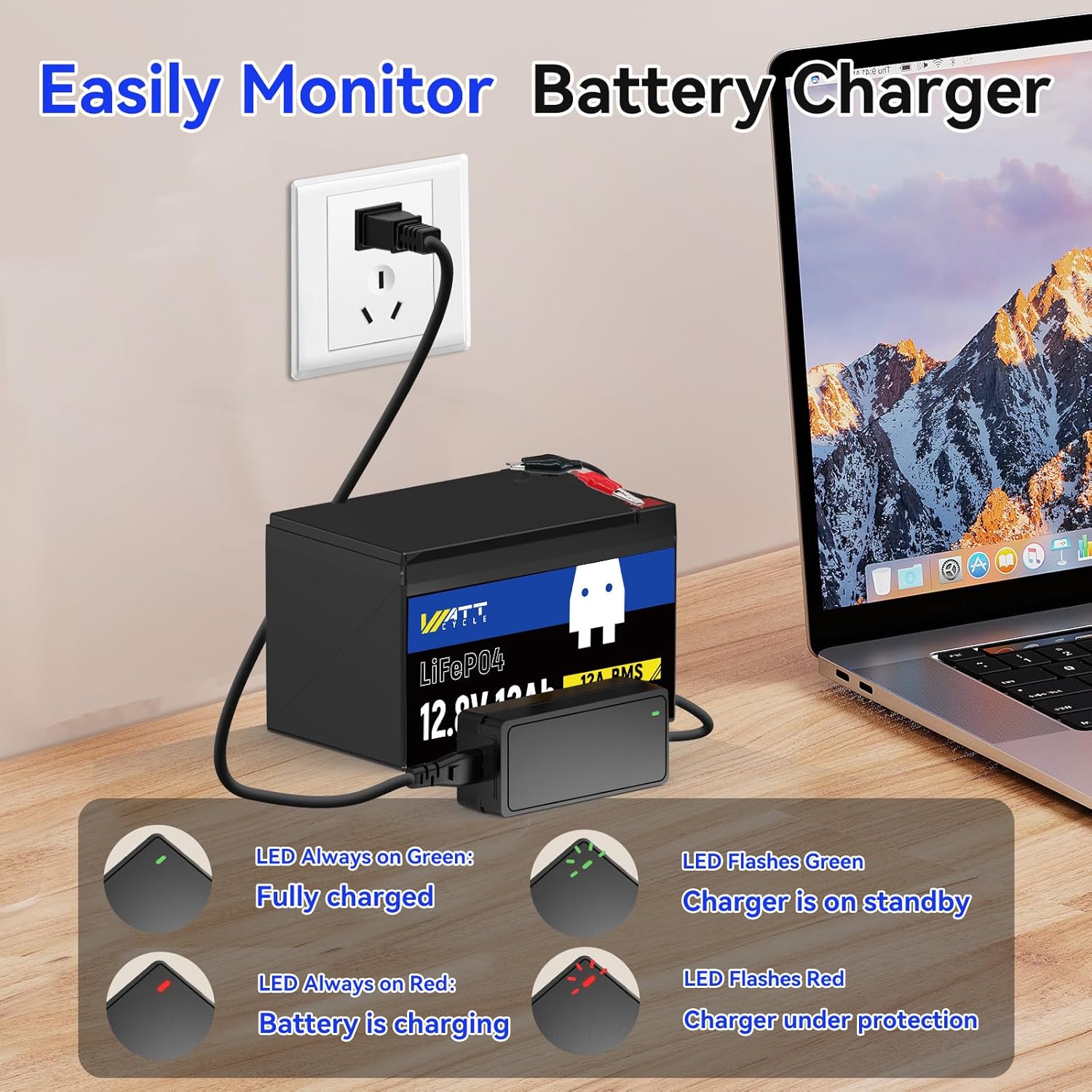 WattCycle 12V 5A Intelligent Float Charger - Battery Charger for All Battery Types, Sparkless Technology, Lightweight - Protects Li-Ion Batteries with Efficient Charging