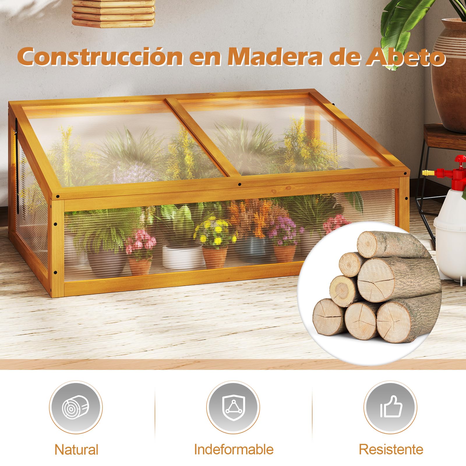 COSTWAY Invernadero de Madera de Abeto, Cubierta PVC, Protección Portátil para Macetas Elevadas con Techo Transparente Abatible, Pequeño Invernadero Interior y Exterior para Jardín, Balcón (Naranja)