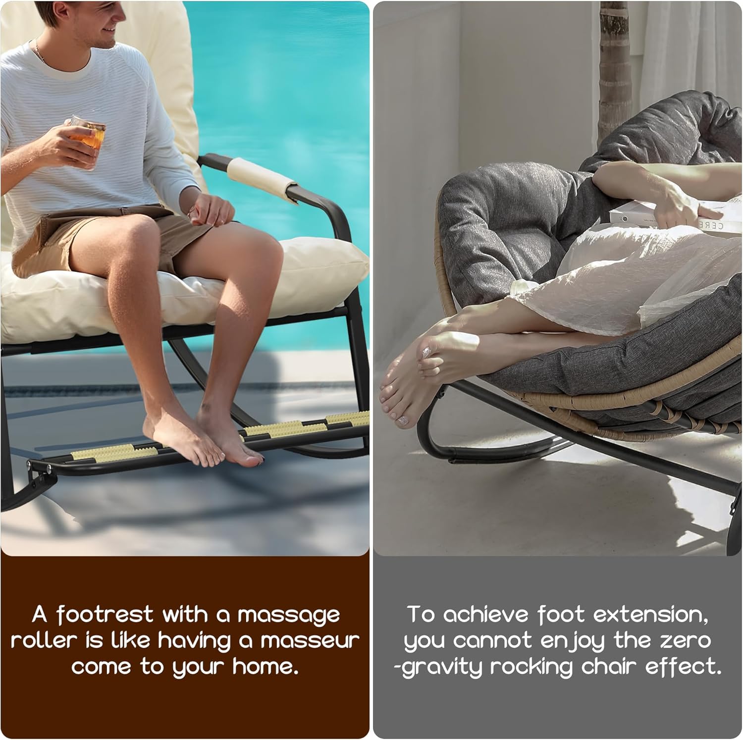 Oversized Rocking Chair Papasan Rocking Chair with Thick Cushion Massage Footrest, Comfy Side Pockets Rocker Chair for Indoor Outdoor Bedroom Deck Patio Garden-Gray (1)