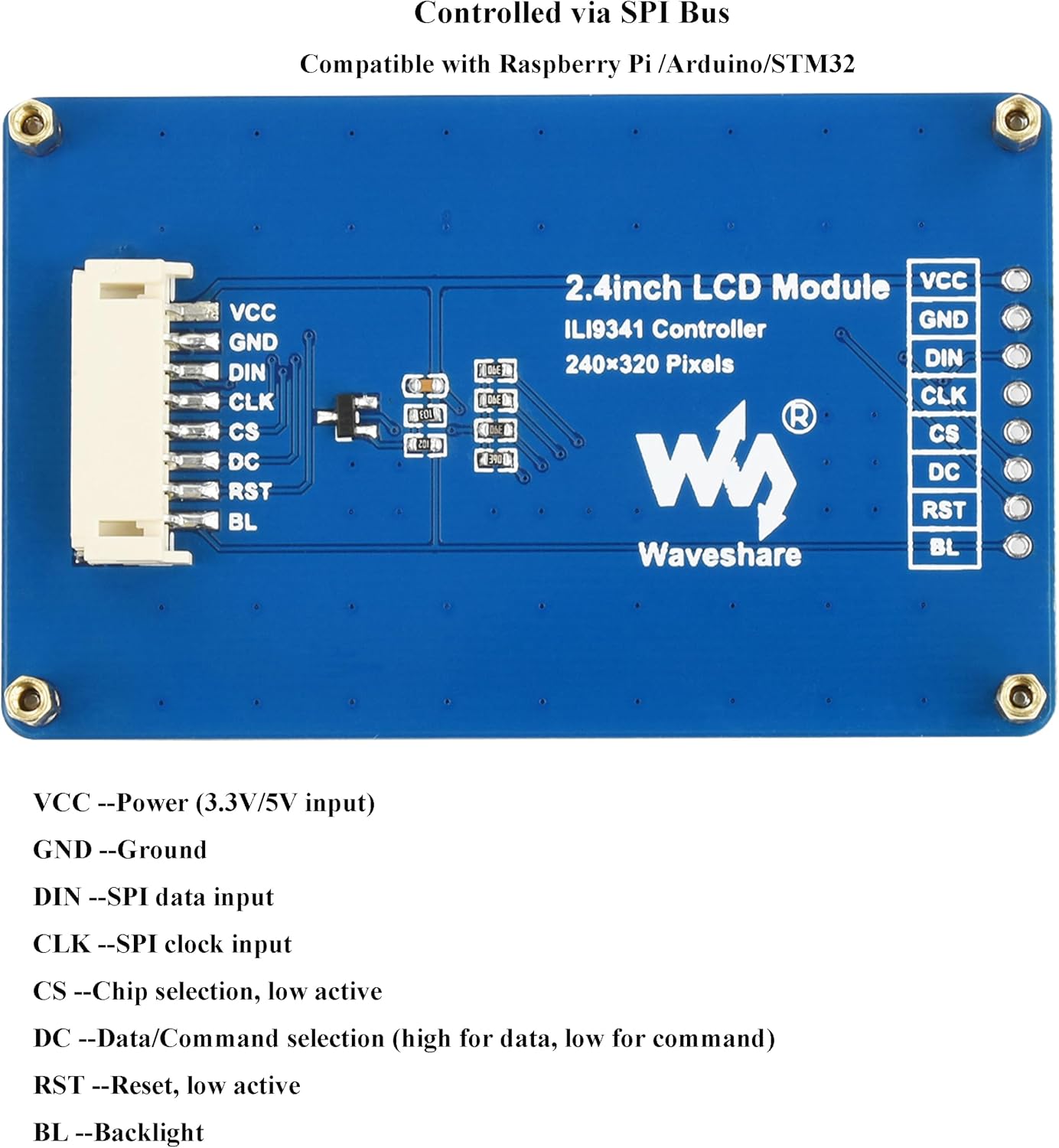 2.4inch LCD Display Module 240x320 Resolution 65K RGB Colors Embedded ILI9341 Driver SPI Interface, TFT Display Screen Compatible with Raspberry Pi 5 Pi 4B 3B+ 3B Pi Zero W WH Zero 2W/Ard/STM32
