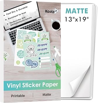 Koala Printable Vinyl Sticker Paper for Inkjet Printer 13x19 Inch - 30 Sheets Matte White Sticker Printer Paper, Waterproof, Tear-Resistant, Removable