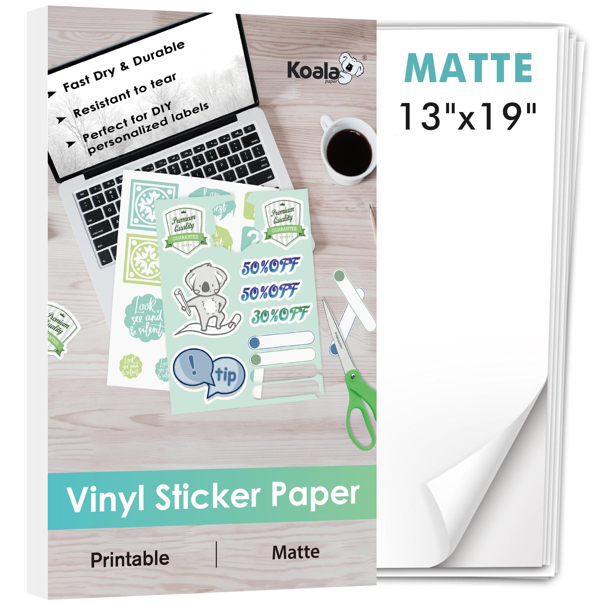 Koala Printable Vinyl Sticker Paper for Inkjet Printer 13x19 Inch - 30 Sheets Matte White Sticker Printer Paper, Waterproof, Tear-Resistant, Removable