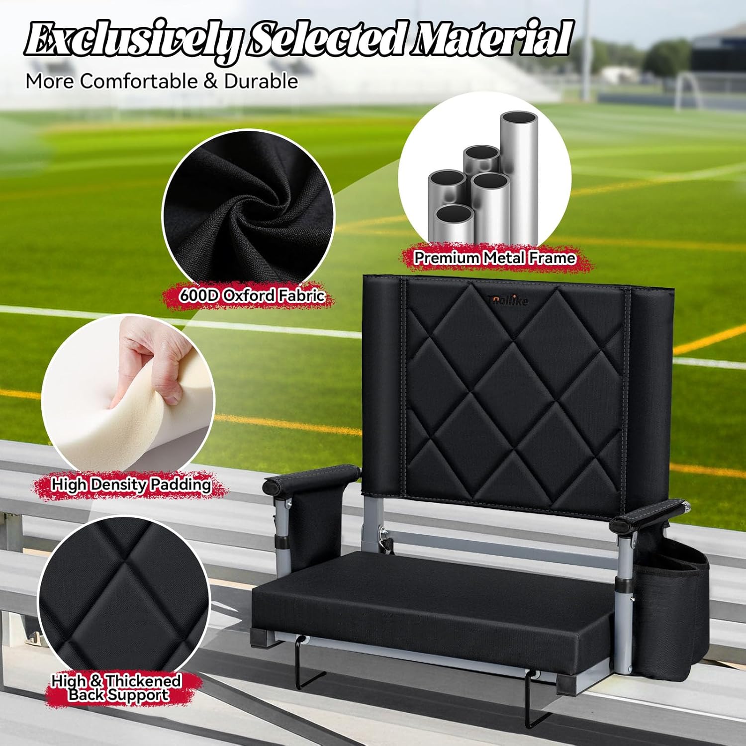 Stadium Seats with Back Support, Wide Seat High Back Fully Padded Seat Bleacher Chair with Armrest, Folding Stadium Chair with Shoulder Strap and Cup Holder for Various Sports Events
