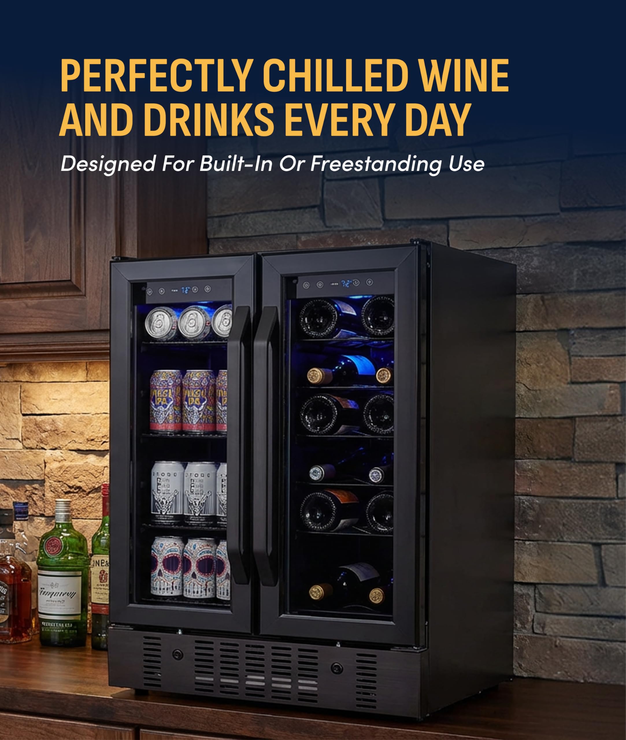 NewAir 24" Dual Zone Beverage Refrigerator & Wine Cooler For 18 Bottles & 58 Cans | Freestanding Or Built-In Under Counter Mini Fridge For Beer, Wine And Soda | Black Stainless Steel on Fridge.com - View 2
